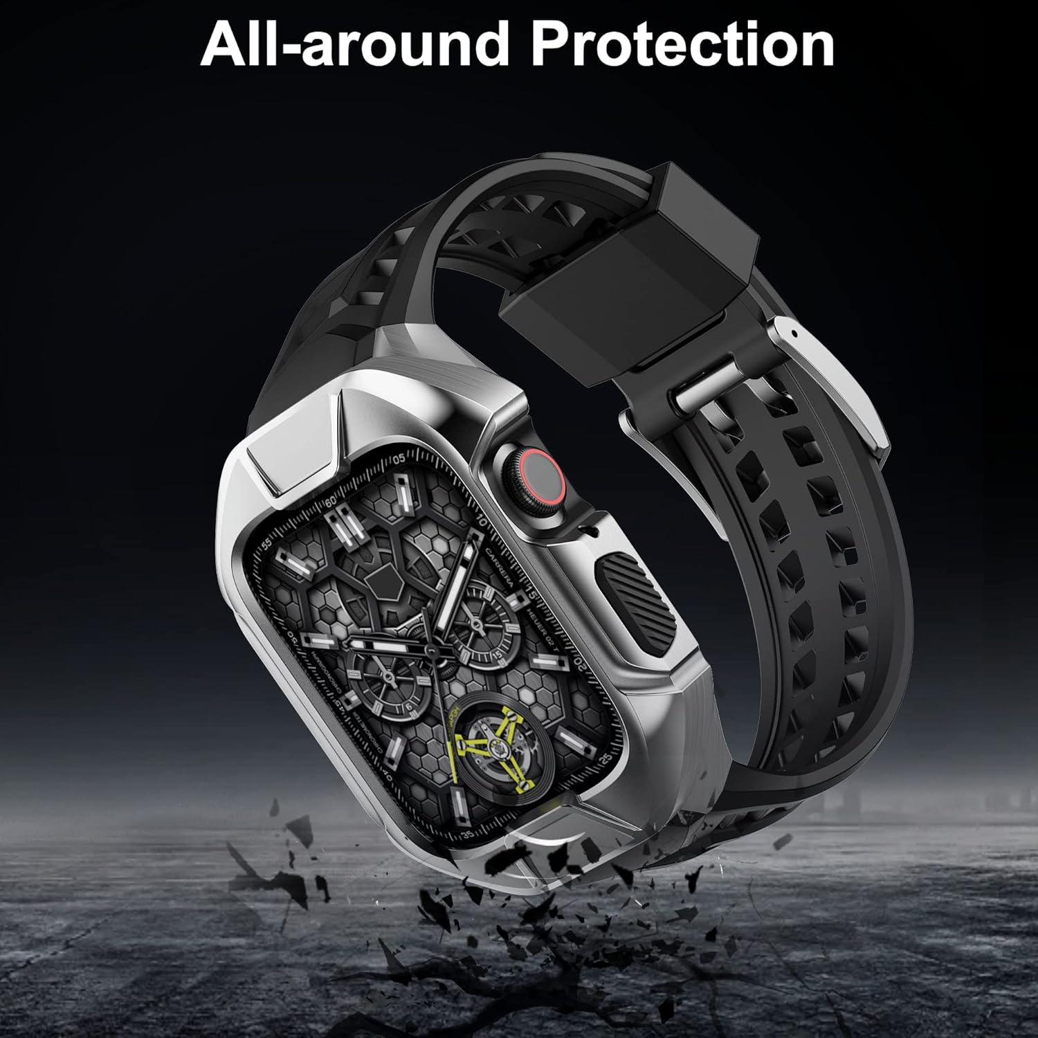 Wohben Rugged Armor Pro Compatible with Apple Watch Case with Band Series 7 (45mm) and Series 6/5/4/SE (44mm), Stainless Steel ShockProof TPU Strap Protective Cover 44mm Silver