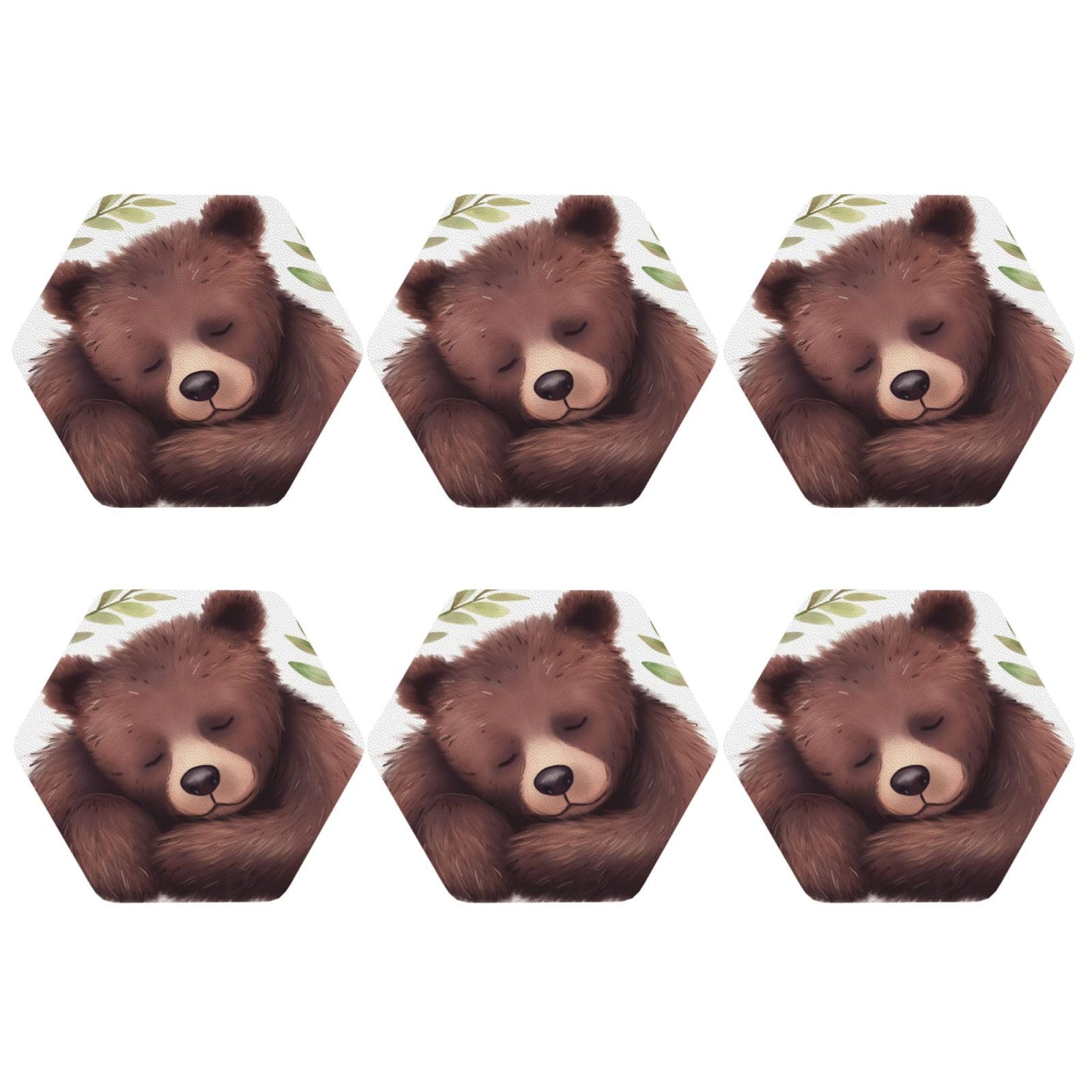 6Pcs PU Leather Coaster for Drinks, Baby Bear Sleeping Cup Coastersr 4" Cup Mat Pad, Aesthetic Drink Coasters for Coffee Table, Hexagon Coaster for Tabletop Protection