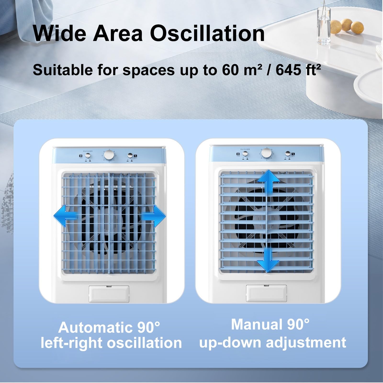 Enfriador de Aire Evaporativo Climatizador Portátil Gran Tanque de Agua | Cuerpo de Plástico, 220W, Doble Tanque de Agua, 4 Cajas de Hielo, 4 Ruedas Giratorias, Azul