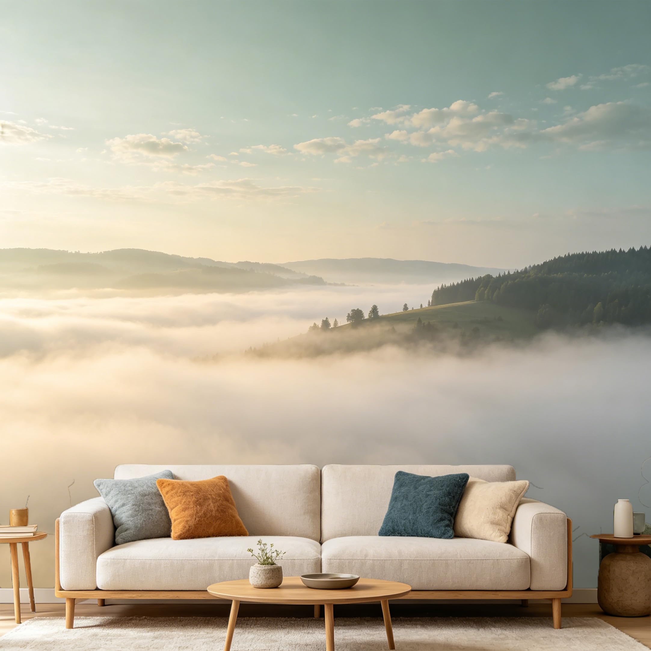 Custom Size Wall Mural Mountain Lake Landscape Foggy Morning Sunrise Nature Scenery SelfAdhesive Art Prints wall Fabric（No PVC） Removable Wallpaper Home Bedroom Decor