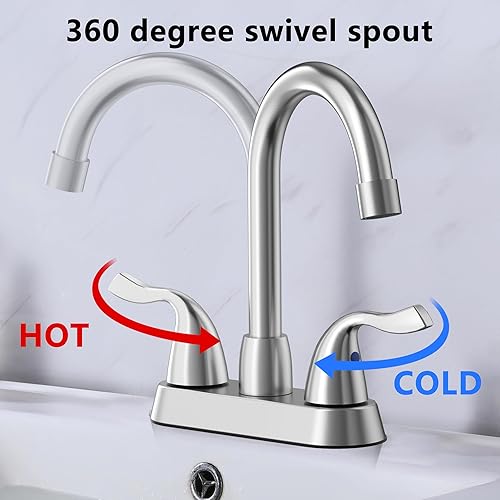 Miniatura 5 de Grifo de lavabo de baño de 2 manijas, 3 o 2 agujeros, grifo de baño de níquel cepillado con líneas de suministro y drenaje emergente, grifo de