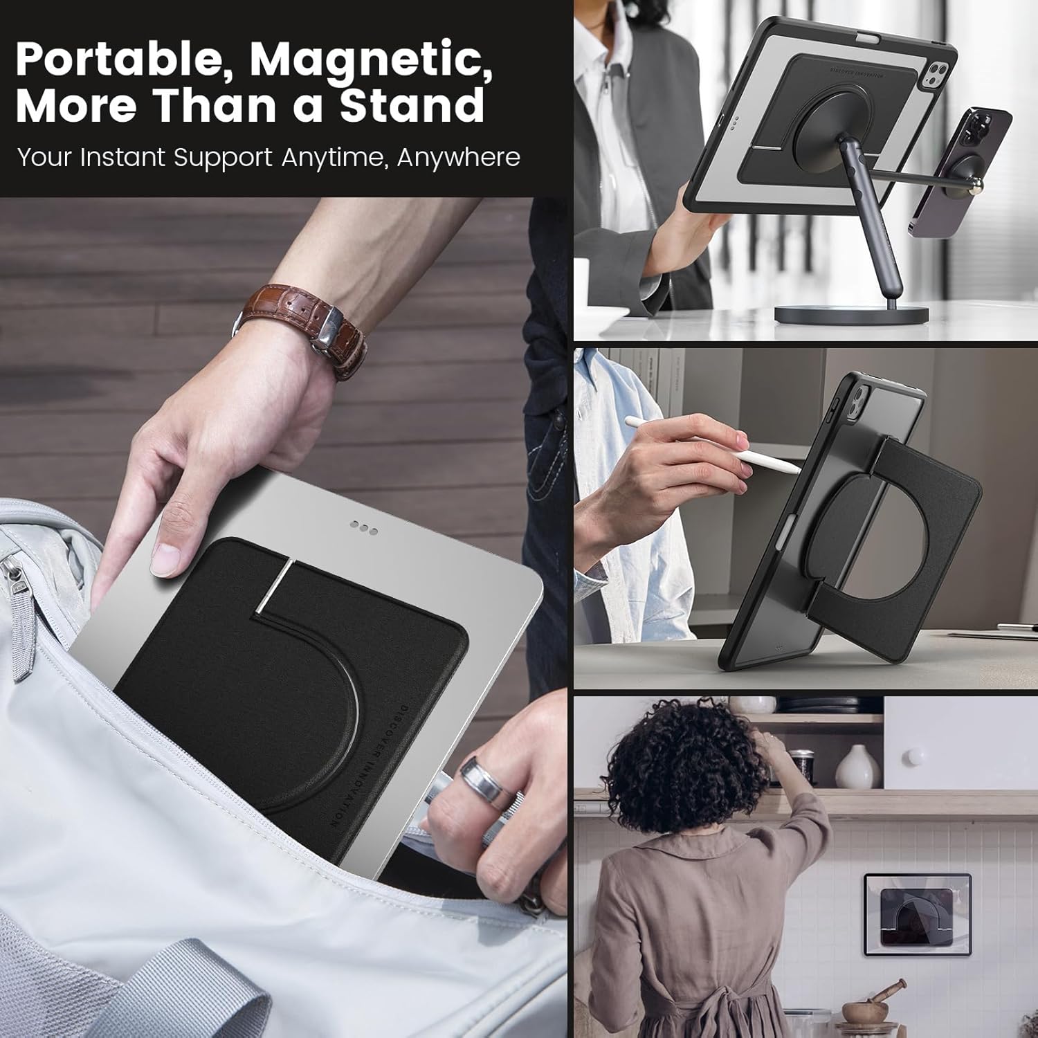 Nillkin FlexWing iPad Magnetic Adjustable Tablet Stand Magsafe Grip with SnapHold Ultra Wall Mount Fit for iPad Pro 11/13 Air 11 M3 M2 and Other Tablet e-Reader (Black, for Over 11-13 inch Device)