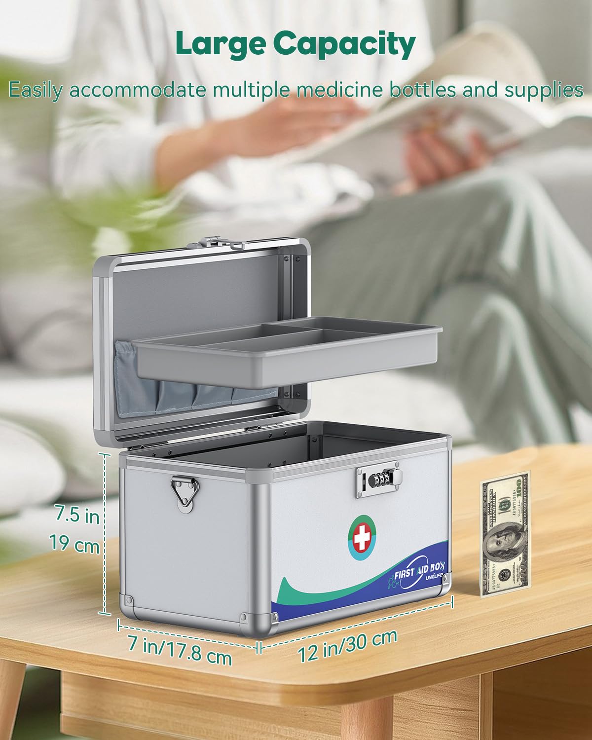 Uniclife Medicine Lock Box EHBO-doos met combinatieslot en handvat draagbare medicijndozen metalen afsluitbare medicijnopbergdozen, 25,4 x 15,2 x 16,5 cm