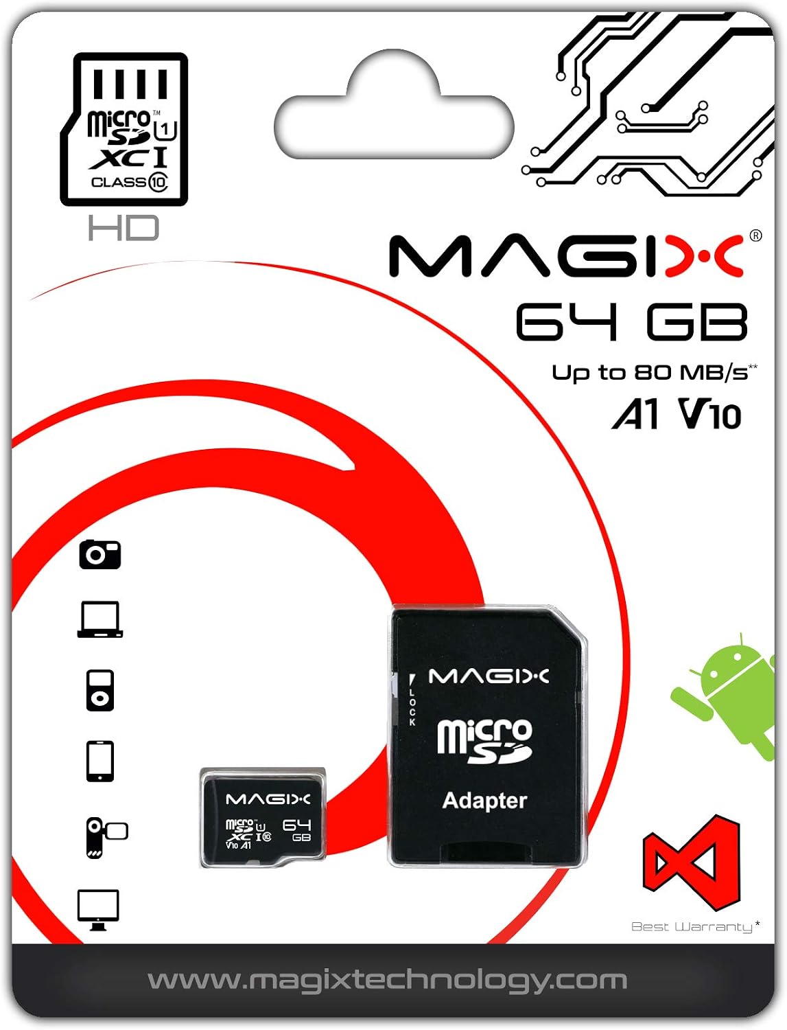 Magix 64GB microSD Card Class10 V10 U1, Read Speed Up to 80 MB/s, HD Series (SD Adapter Included)