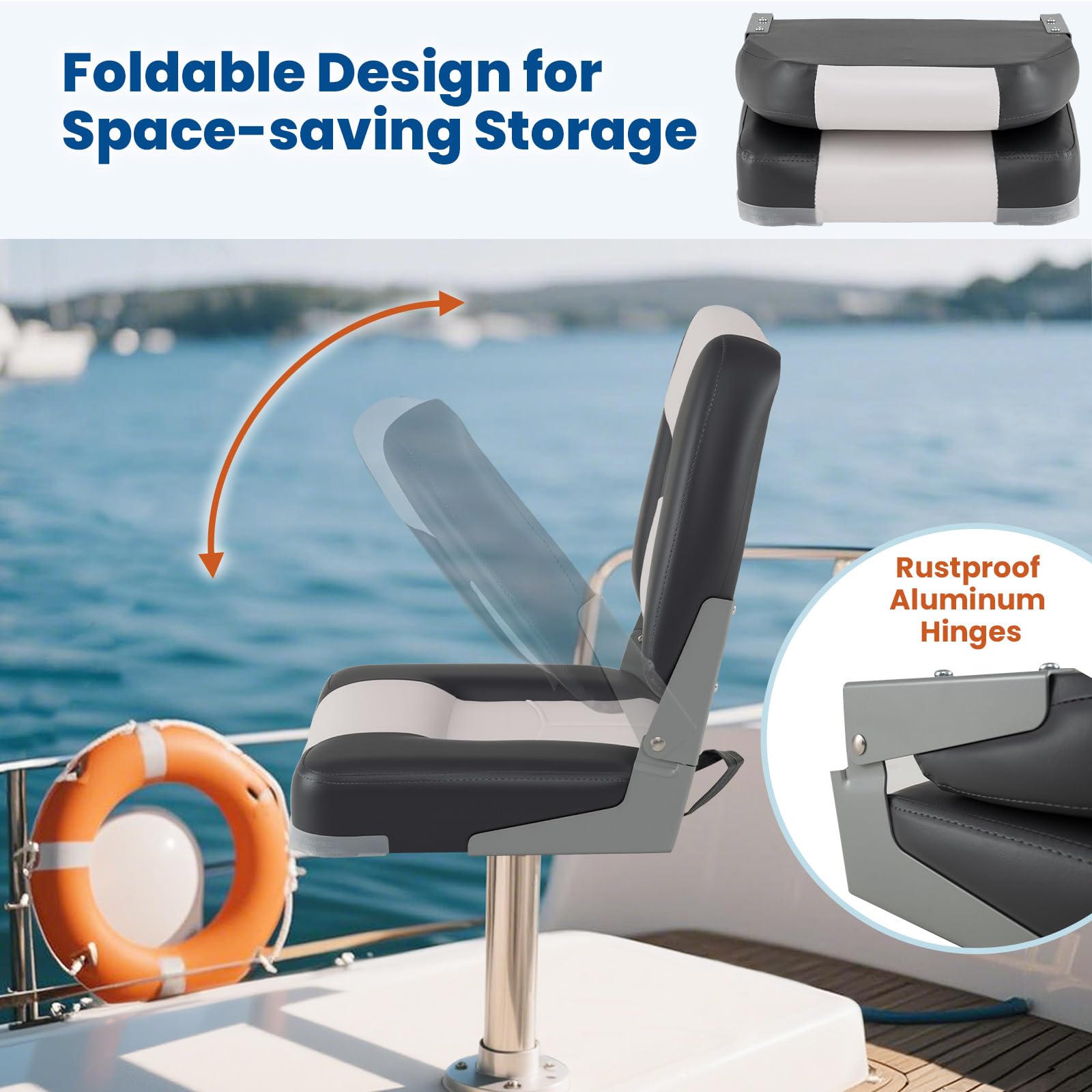 HOMASIS Juego de 2 sillas plegables para barco, acolchadas, con asiento de 7 cm de grosor, silla de control impermeable con respaldo y marco de metal, asiento de control para barcos, soporta hasta 150