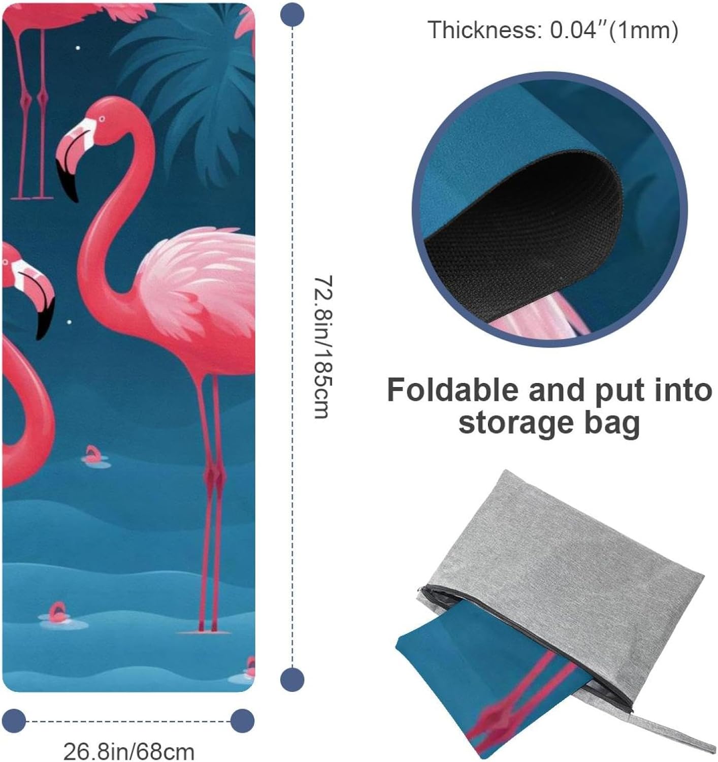 Yoga Towel, Tropical Flamingo Pattern Non Slip Sweat Absorbent Hot Yoga Mat Towel for Hot Yoga, Pilates and Fitness - 72.8" x 26.8"