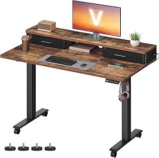 VASAGLE Höhenverstellbarer Schreibtisch elektrisch, 120 x 60 x (72-120) cm, stufenlos verstellbar, mit Monitorständer, Steckdosenleiste, Haken, Memory-Funktion, vintagebraun LSD182KD02