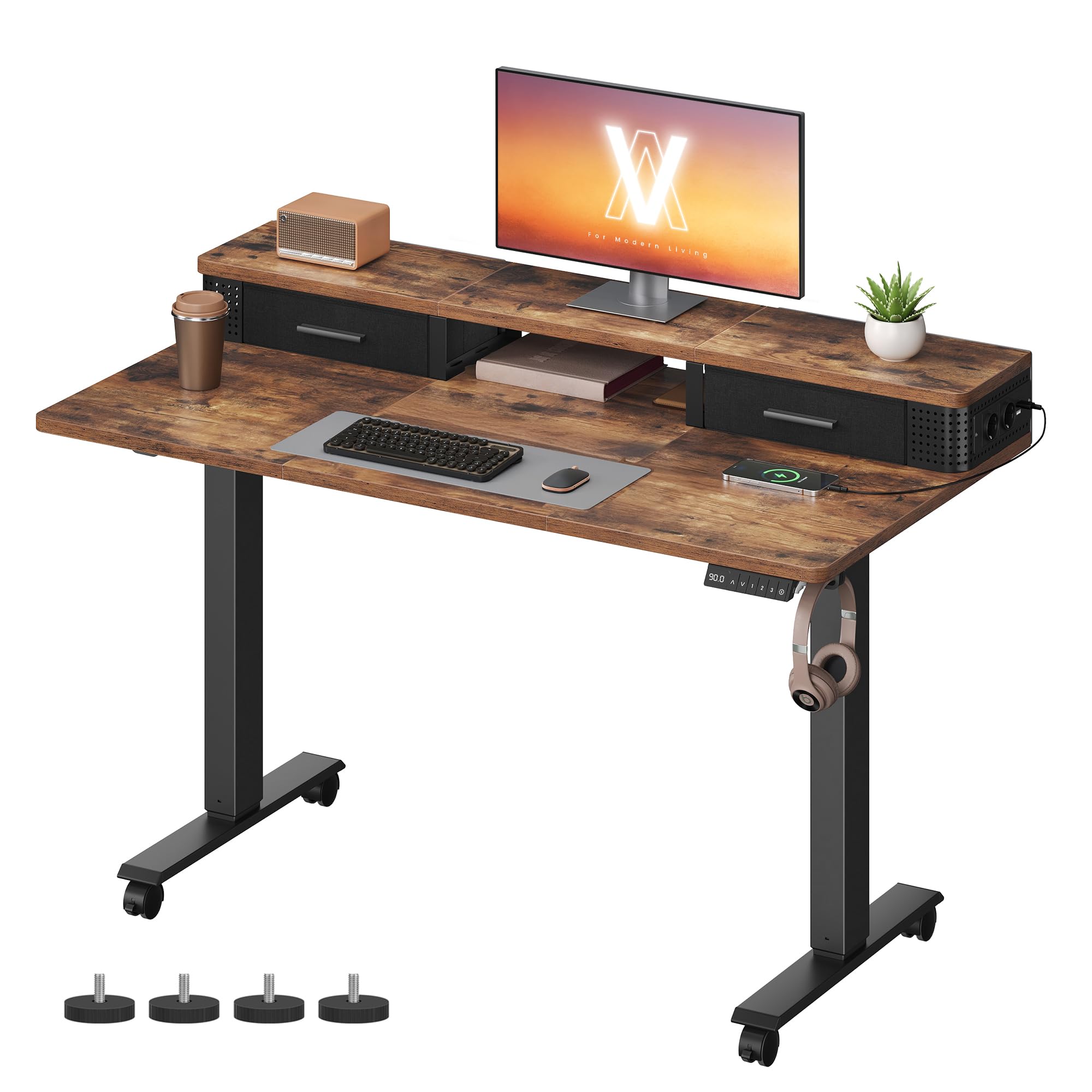 VASAGLE Höhenverstellbarer Schreibtisch elektrisch, 120 x 60 x (72-120) cm, stufenlos verstellbar, mit Monitorständer, Steckdosenleiste, Haken, Memory-Funktion, vintagebraun LSD182KD02