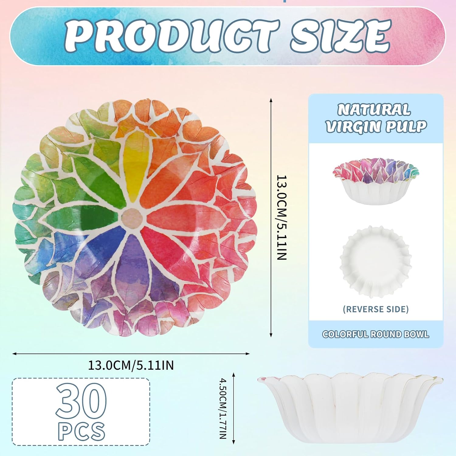 8 Oz Small Paper Bowls, 30 Count Disposable Bowls, Printed Soak Proof Cut Resistant and Microwaveable Paper Snack Bowls for Snacks, Dessert, Light Lunch Meals and Ice Cream