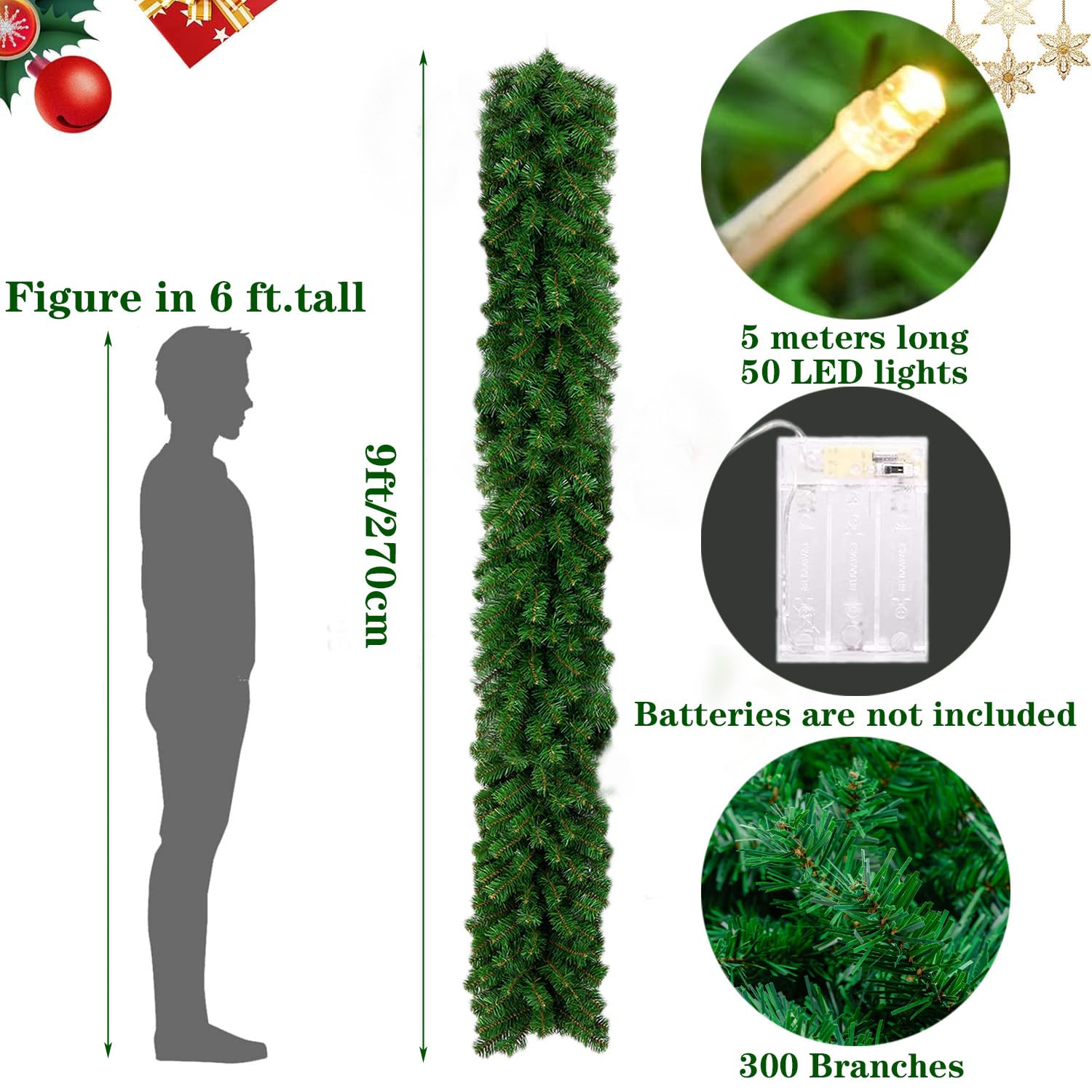 Ghirlanda Di Natale Illuminata 2,7 M Con 50 LED – Decorazione In Rattan E Tessuto Per Interni Ed Esterni, Ideale Per Porte, Scale E Caminetti (colore Giallo Caldo)