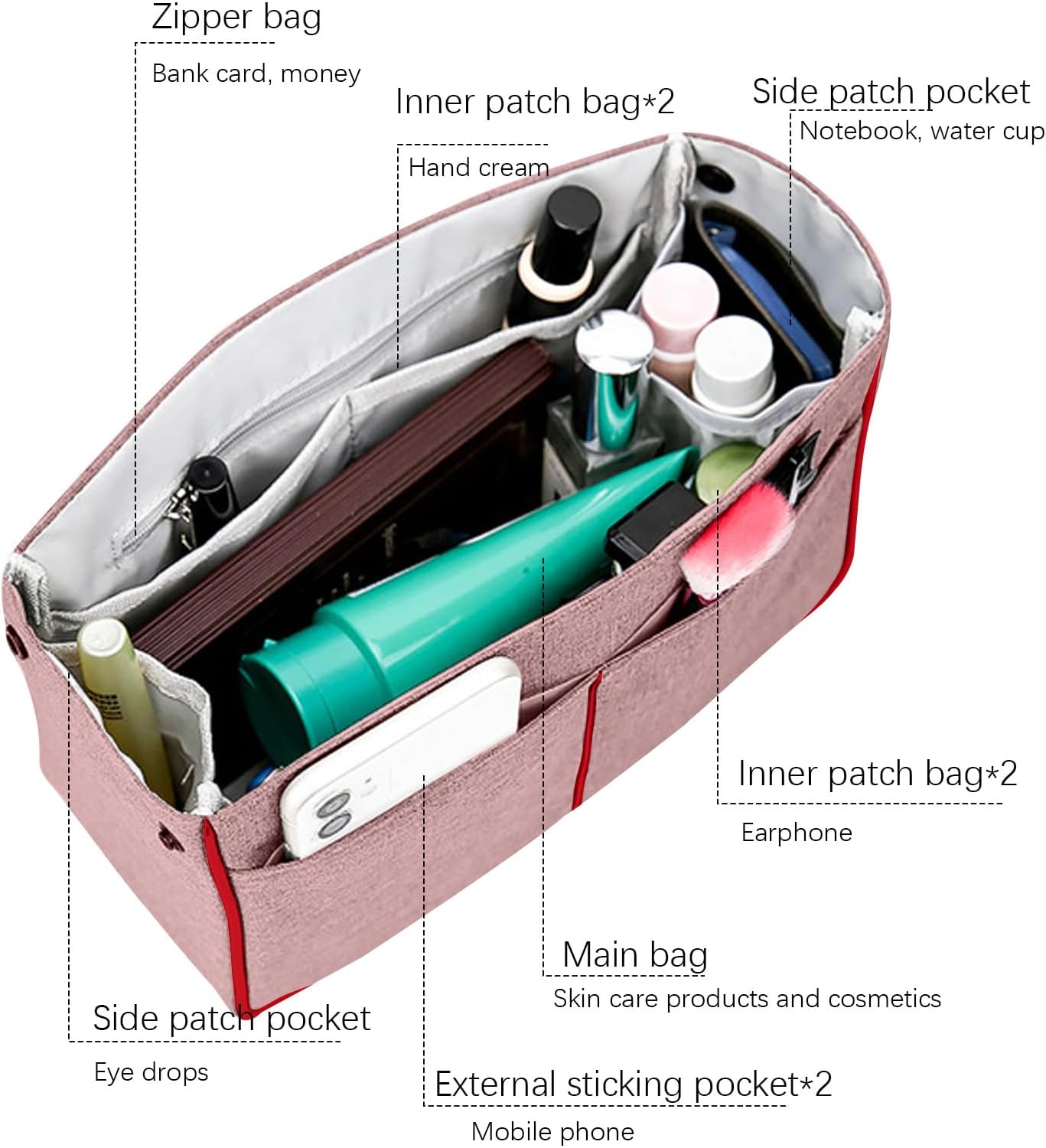 Lckaey Nylon Purse Organizer for neverfull Tote Handbag insert Organizers for longchamp and goyard tote insert 3091Pink-S