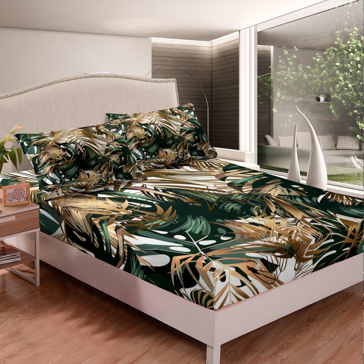 Erosebridal Palm Tree Leaves Bed Sheets Queen Tropical Botanical Bedding Set Hawaiian Monstera Banana Leaf Fitted Sheet Summer Retro Plant Fitted Bed Sheet Gold Green Rainforest Room Decor