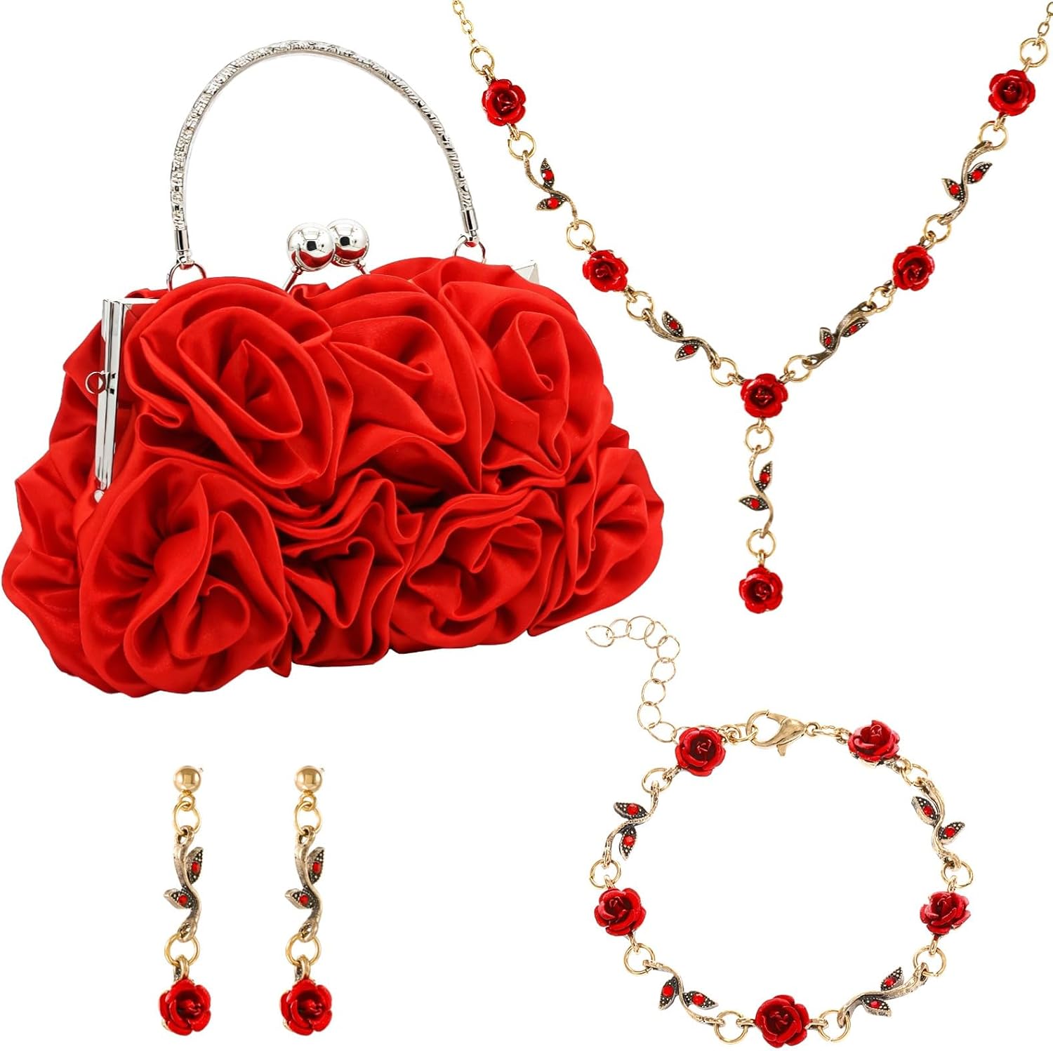 Rose Gold Accessory Set For Weddings, Floral Clutch Ensemble With Necklace, Bracelet, Earrings; Sophisticated Additions For Formal Events