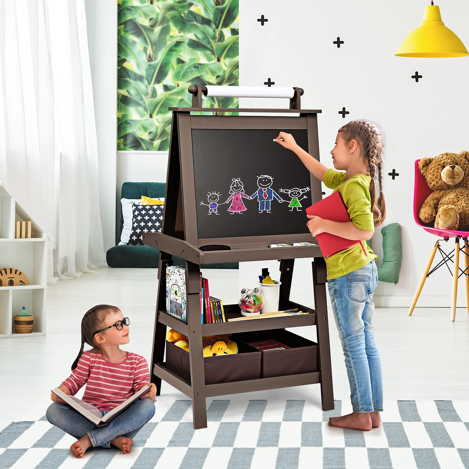 DREAMADE Chevalet Peinture pour Enfants avec Double Faces Noir et Blanc, Table àDessin pour Fille et Garçon avec 2 Étagères de Rangement, Multifonctionnel avec Accessoires Riches (Café)