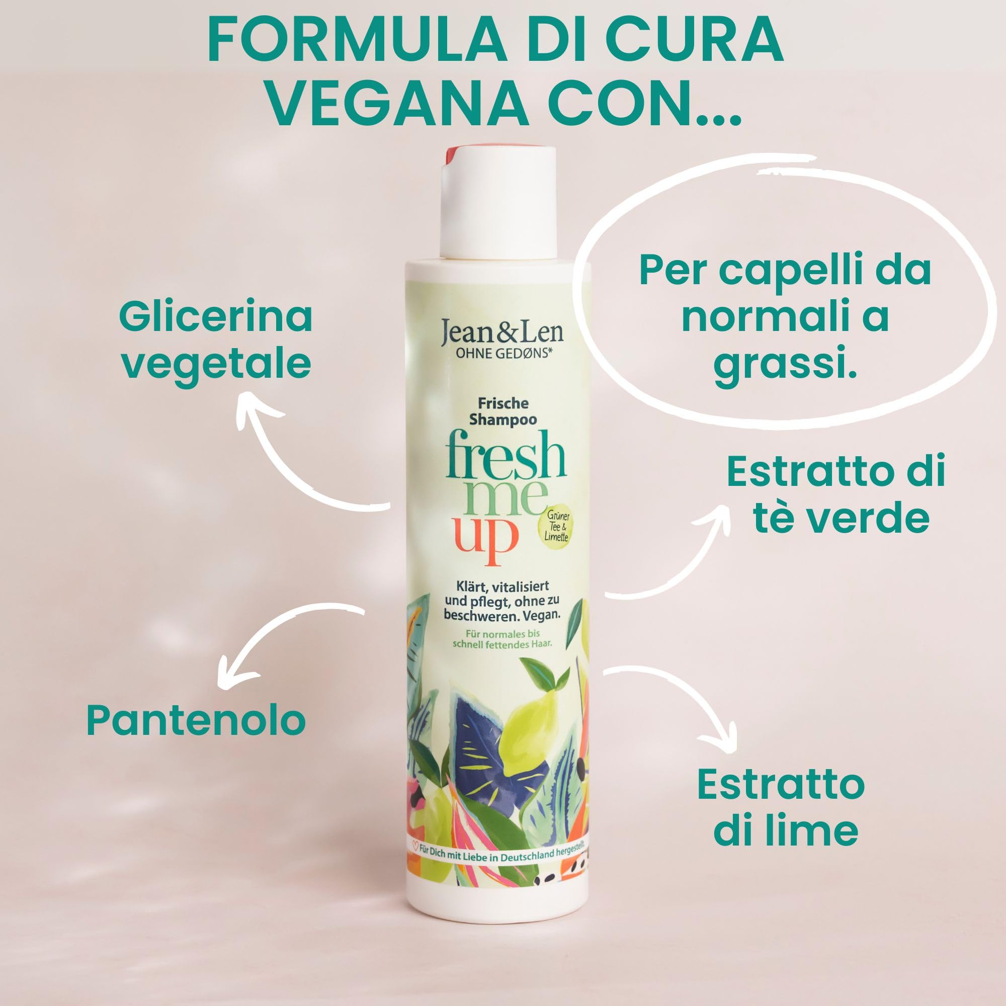 Jean & Len Shampoo Freschezza Tè verde & lime, per capelli normali e grassi, protegge dall’idratazione, riequilibrante, senza siliconi/parabeni, vegano, profumo fresco, 6 x 300 ml