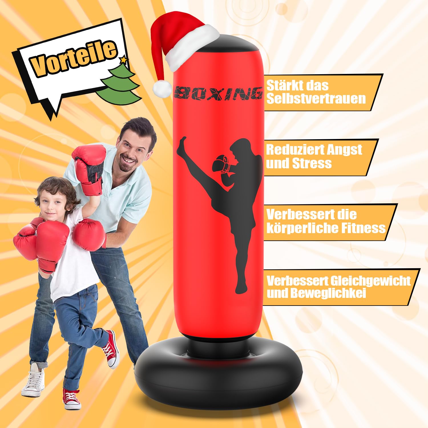 X XBEN Boxsack für Kinder, Größere Stabile Aufblasbarer Boxsack, Standboxsack für Kinder ab 3-12 Jahre, Stehender Boxsack, Geschenke für Kinder zum Üben von Karate, Taekwondo und MMA, Rot