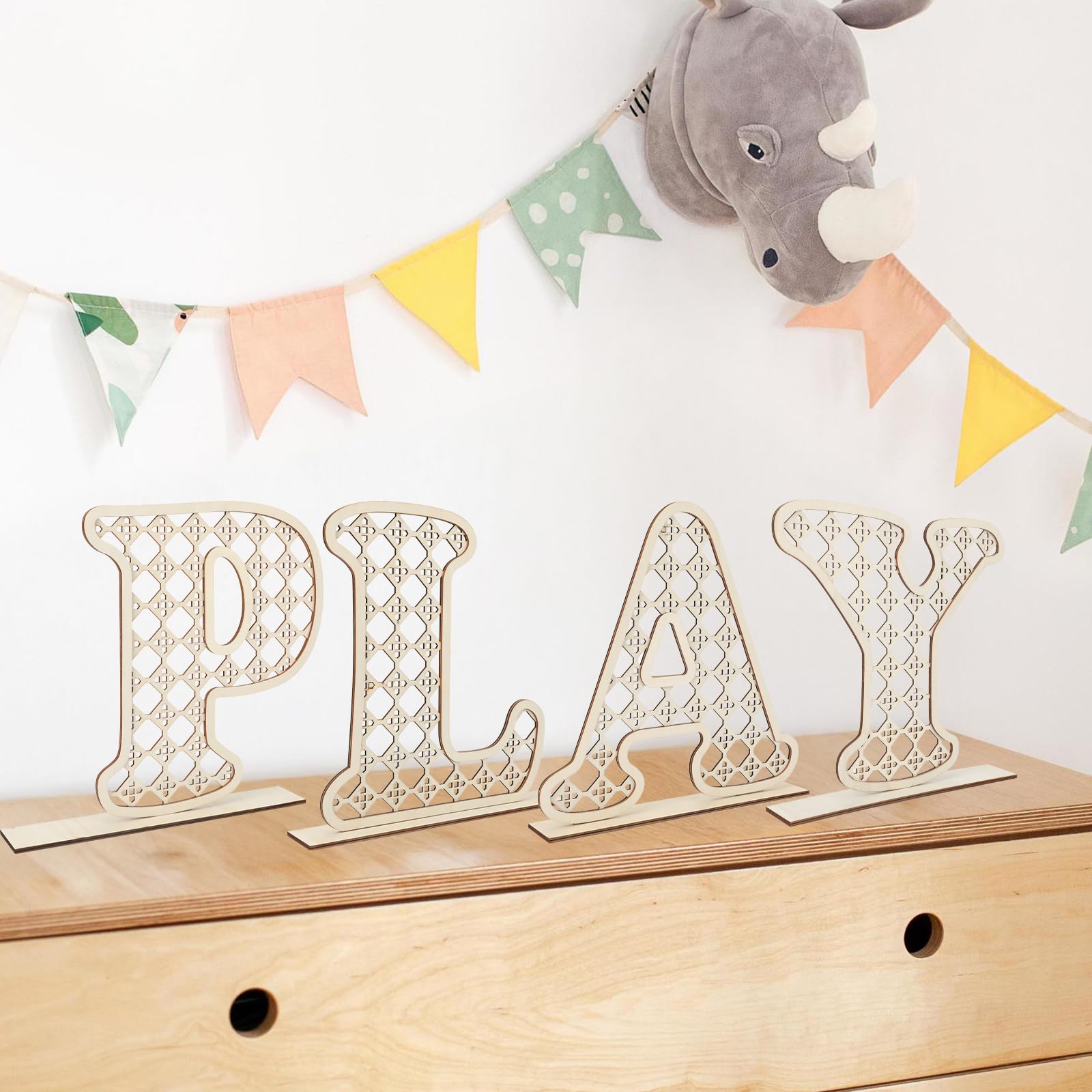 Play Sign - 12 In Wooden Rattan Letters Playroom Sign, Playroom Wall Decor for Toddler Girls Boys, Play Room Wall Decor for Kids Nursery Room