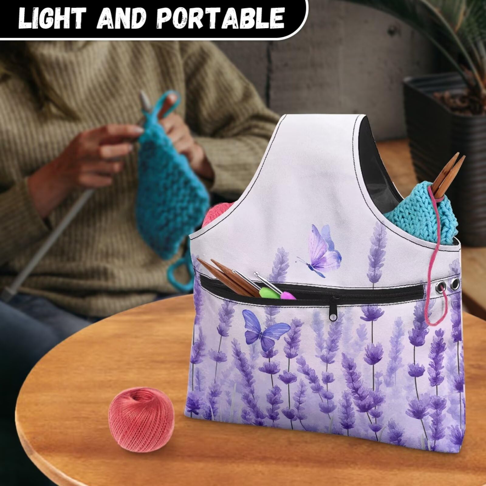 ASQVTIFE Purple Butterfly Yarn Tote Bags Large Crochet Storage Bag for Women Girls at Home Lavender Yarn Bags for Crocheting On The Go Organizer Knitting Accessories with Front Zipper Pocket - Image 4