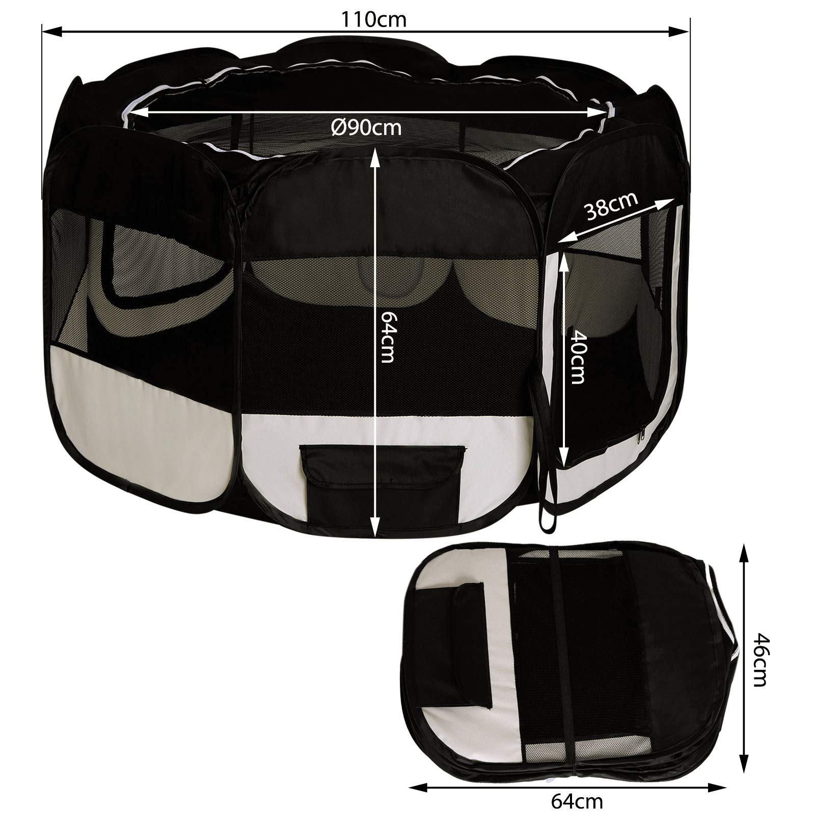 lionto Welpenauslauf faltbar aus Oxfordgewebe & atmungsaktivem Netzstoff, Ø 110cm, Höhe 64 cm, Laufstall für innen & außen mit 2 Eingängen, Pop-up-System, inkl. Tragetasche & Heringe, schwarz/beige