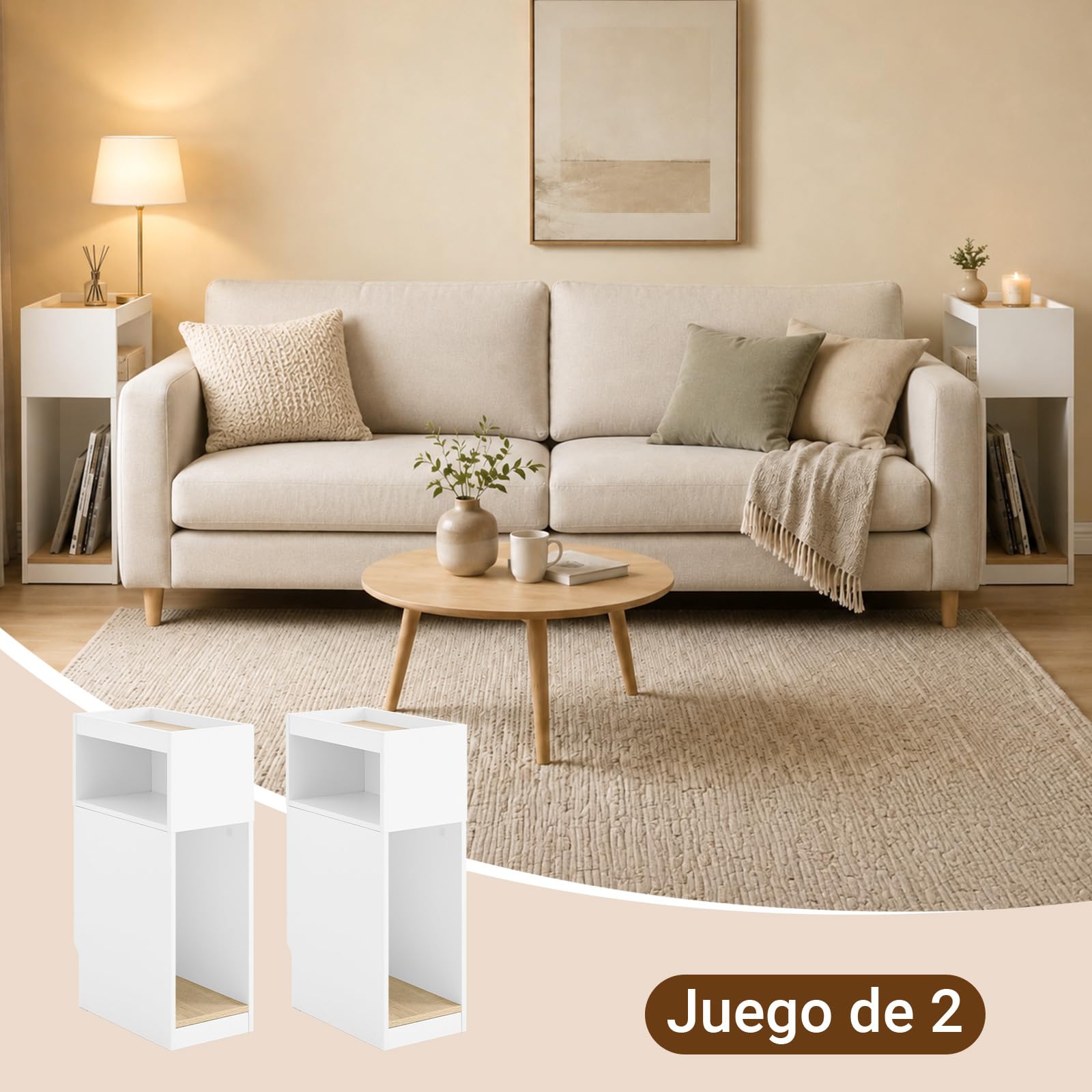 SoBuy Set de 2 mesas auxiliares estrechas con cajón, 20x35x60cm salón | Mesita de noche compacta con almacenamiento, diseño ahorraespacio para dormitorio y sofá, blanco, FBT171-WNx2