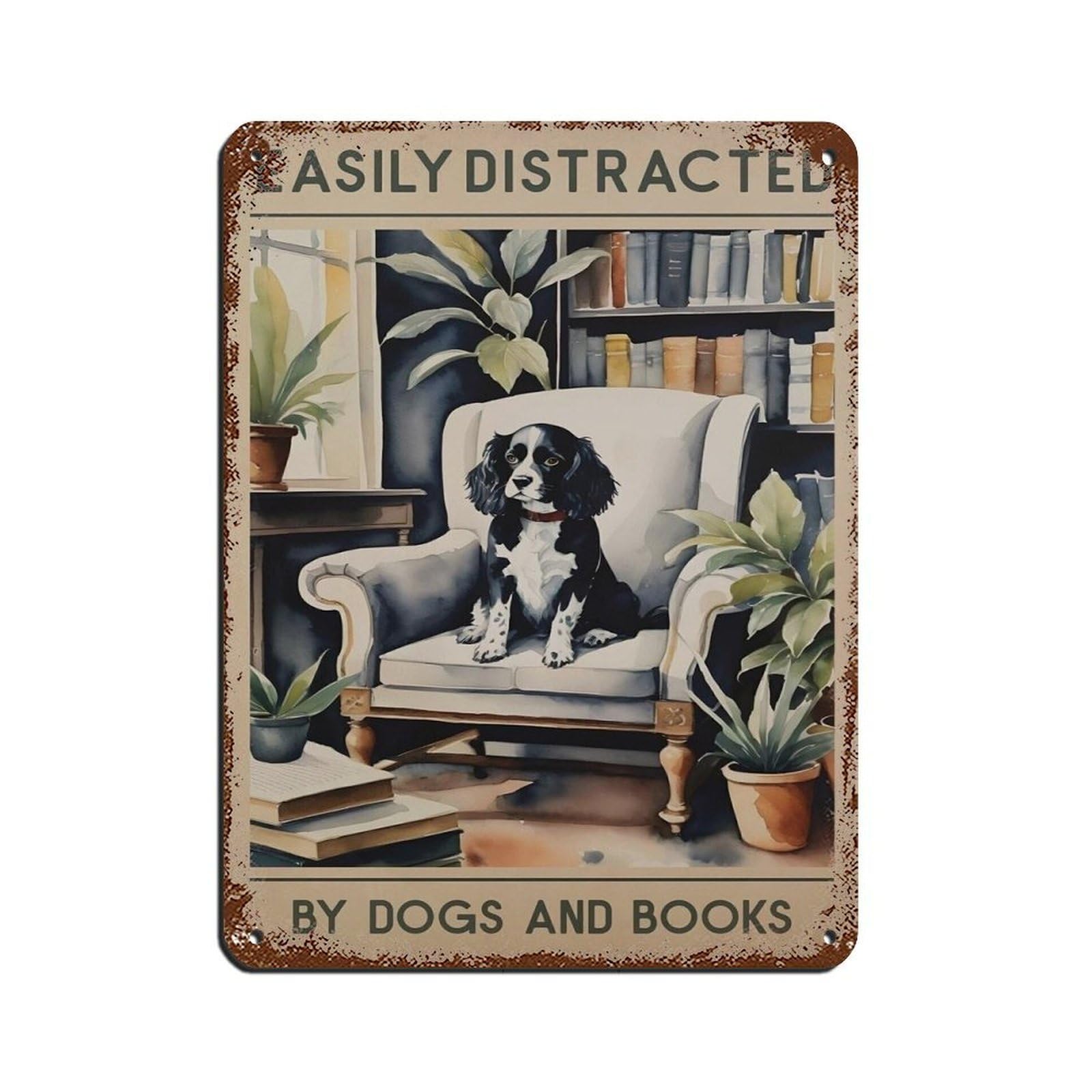 Dog And Books Poster, Spaniel Dog Tin Sign Vintage Metal Pub Club Cafe Bar Home Wall Art Decoration Poster Retro 12x16inch(30x40cm)