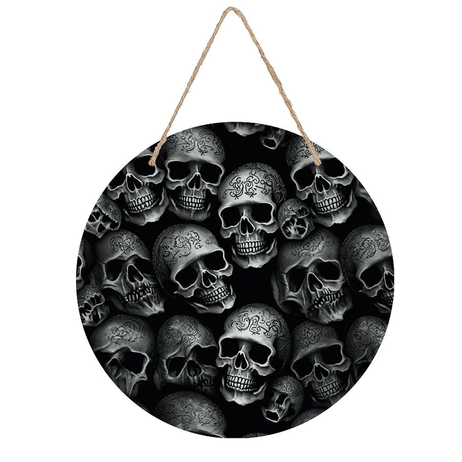 VstaDank Black Skull Wall Decor Round Wood Hanging Sign 7.9x7.9 in Wooden Circle Door Hanger with Ropes, Rustic Wall Art Decor for Home Front Door Indoor Outdoor Decoration