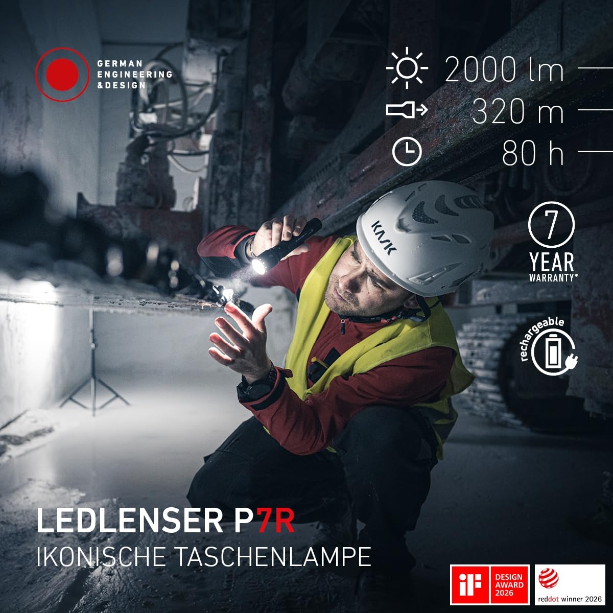 Ledlenser P7R wiederaufladbare LED Taschenlampe, 2000 Lumen, 320 m, USB-C, IP68, 80 Stunden
