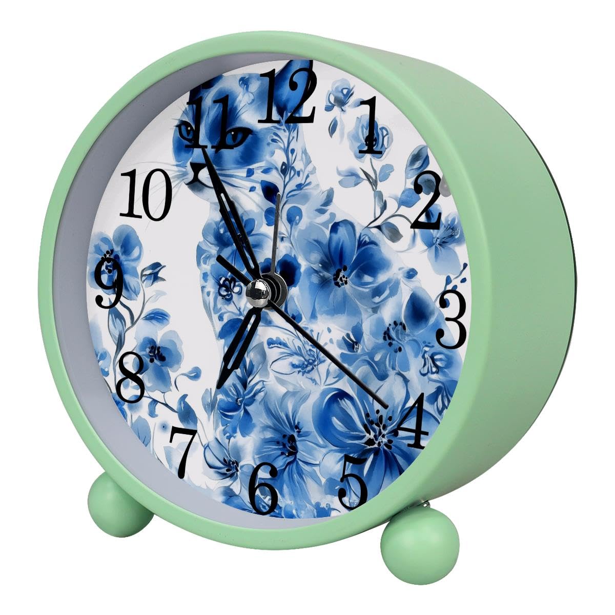 Luoweisi Alarm Clock Cat Floral, Silent Non-Ticking with Night Light, Round Metal Alarm Clock for Office, Battery Operated, Bedroom, Elderly, Adults, Children, Student Gifts