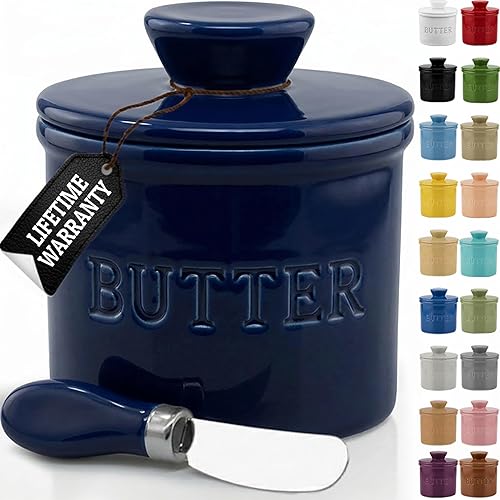 Miniatura 31 de Priority Chef Recipiente para Mantequilla con Tapa y Línea de Agua, Plato Francés de Cerámica para Mantequilla para Dejar en la Encimera, Gris Claro