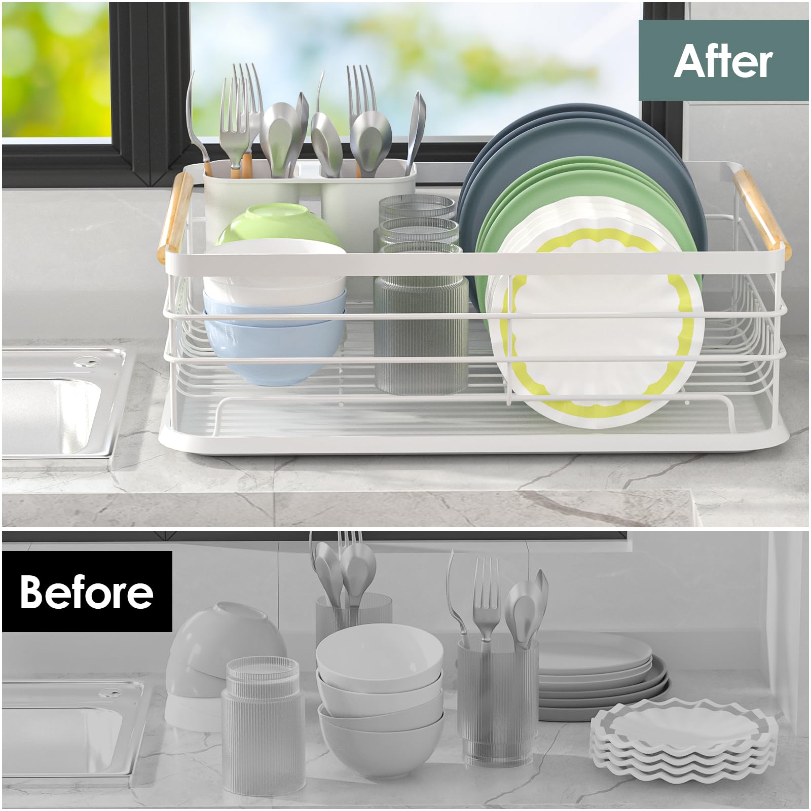 Dreamhigh Escurridor de Platos, Escurridor de Platos para Fregadero con Bandejas de Goteo Extraible,Soporte de Cubiertos, Soporte de Vaso, Apto para Familia de 3-5 Personas