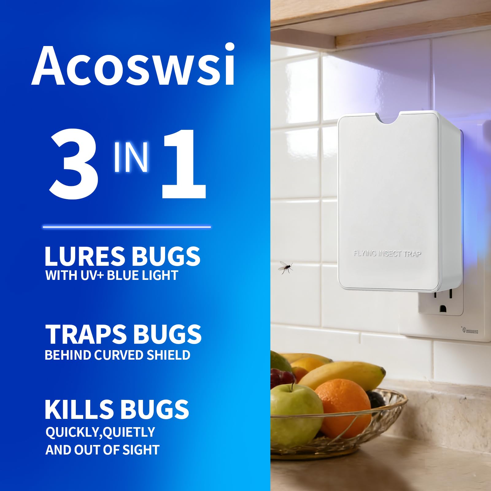 Acoswsi Indoor Fly Trap Plug in, Flying Insect Trap with Blue UV Light, Fruit Fly & Gnat Trap for Indoors, Mess-Free Bug Catcher for Home, 1 Device + 5 Refill Glue Cards - 3