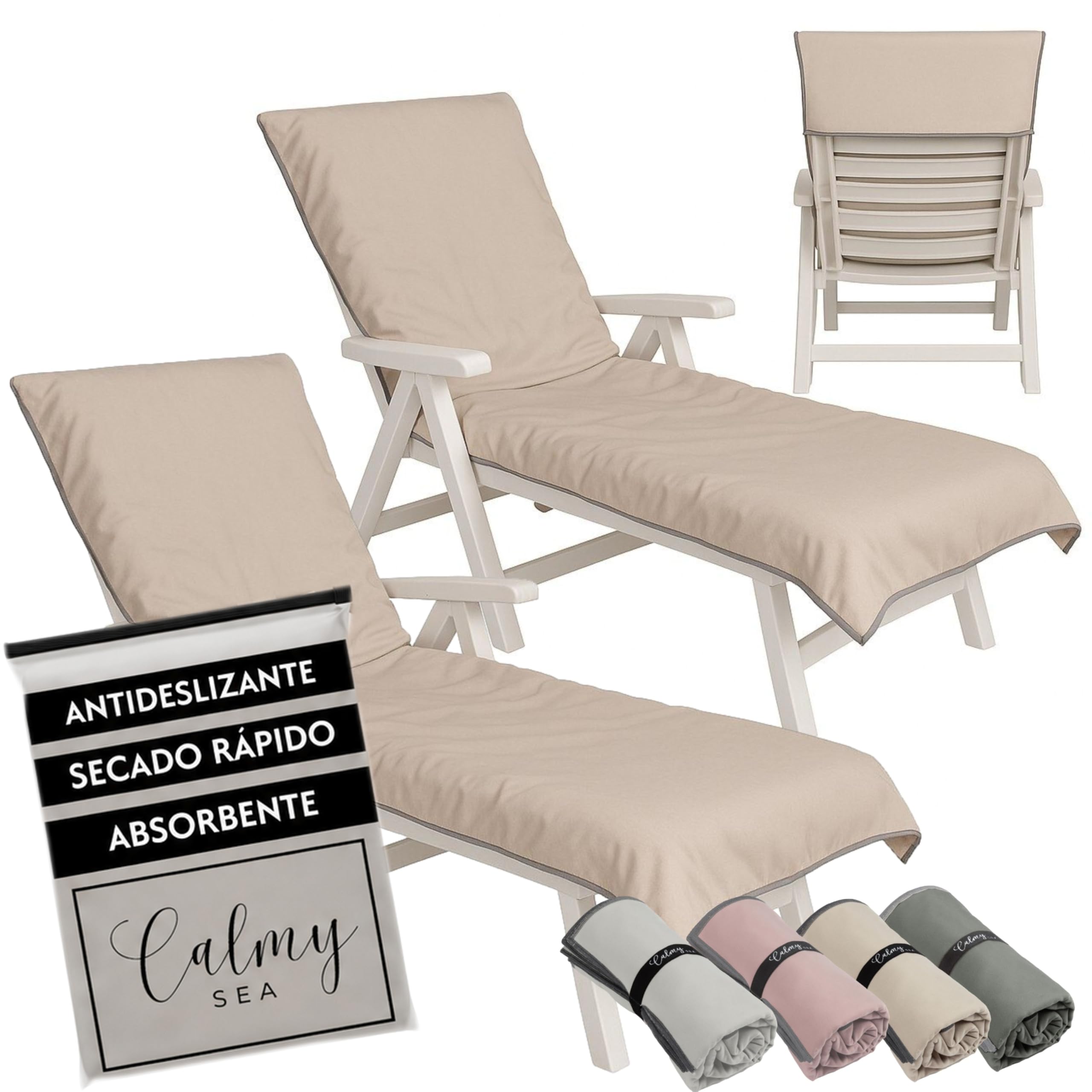 Lot de 2 toallas para tumbona - 200 x 75 cm - Con capucha - De microfibra - Peso ligero - Para tumbona de jardín - Con funda - Funda de tumbona de playa (beige, 2)