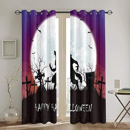 Amazon 遮光遮熱カーテン 墓地のイラストに狼男とハロウィーンの背景 寝室 カーテンセット カーテン おしゃれ 断熱 防音 カーテン のある生地 リビングルーム 2枚組 130 X 180cm カーテン オンライン通販