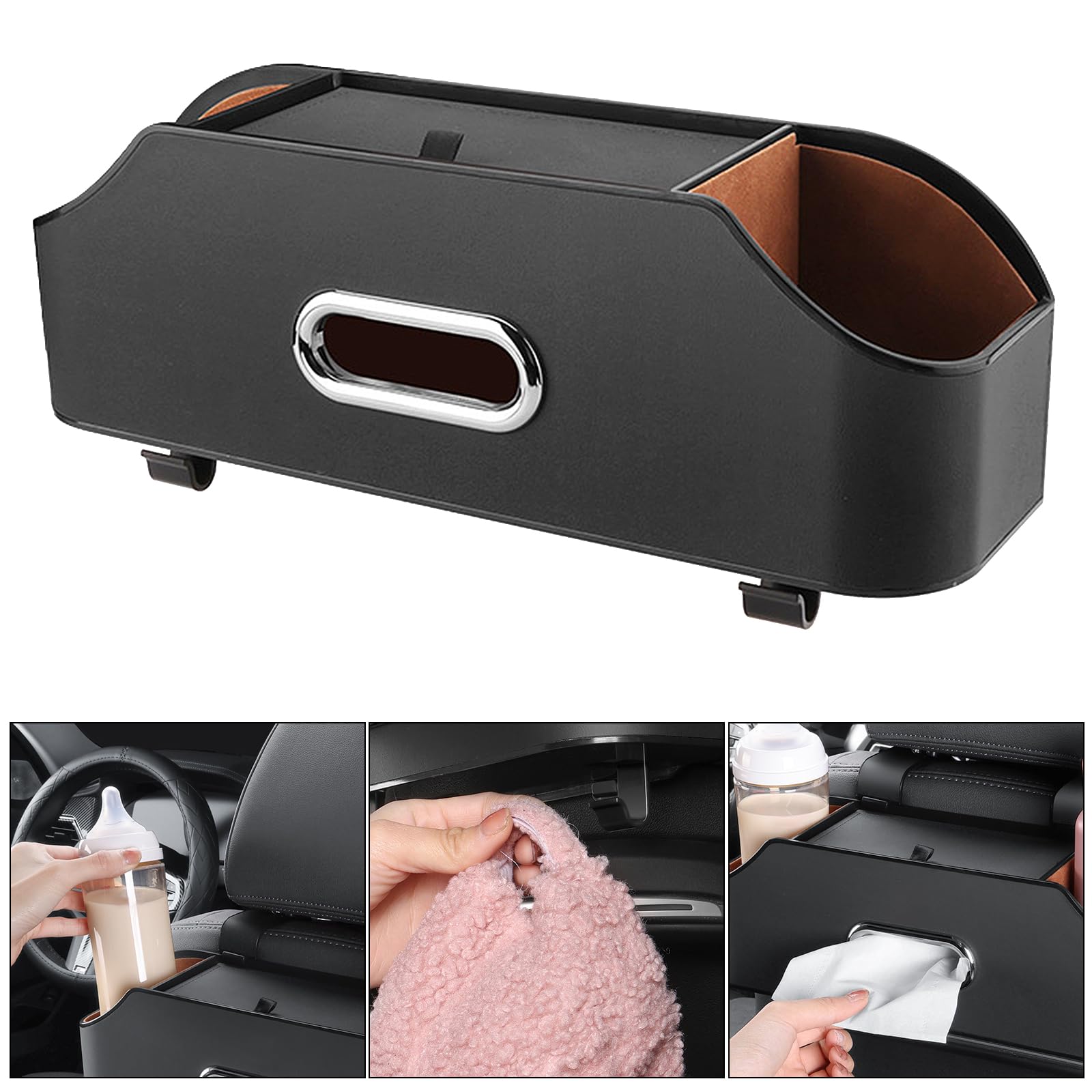 Scatola portaoggetti per sedile auto, contenitore per auto, con scatola in tessuto, porta bicchieri, multifunzione, decorazione interna, organizzatore multifunzione (nero)