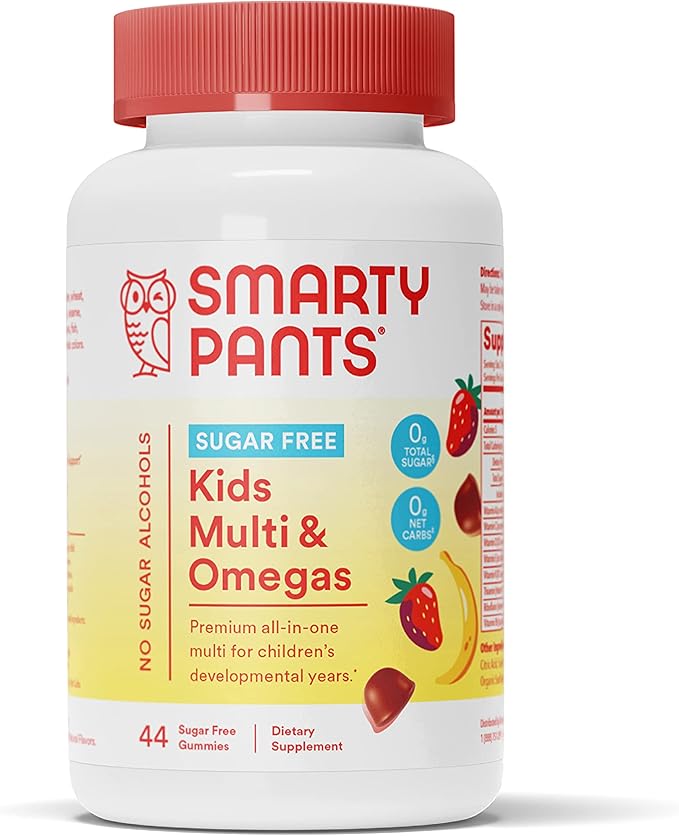 SmartyPants Kids Multivitamin Gummies, Sugar Free: Omega 3 (ALA), Vitamin D3, C, Vitamin B12, B6, Vitamin A, K & Zinc for Immune Support, Erythritol Free, Strawberry Banana, 44 Count (22 Day Supply)