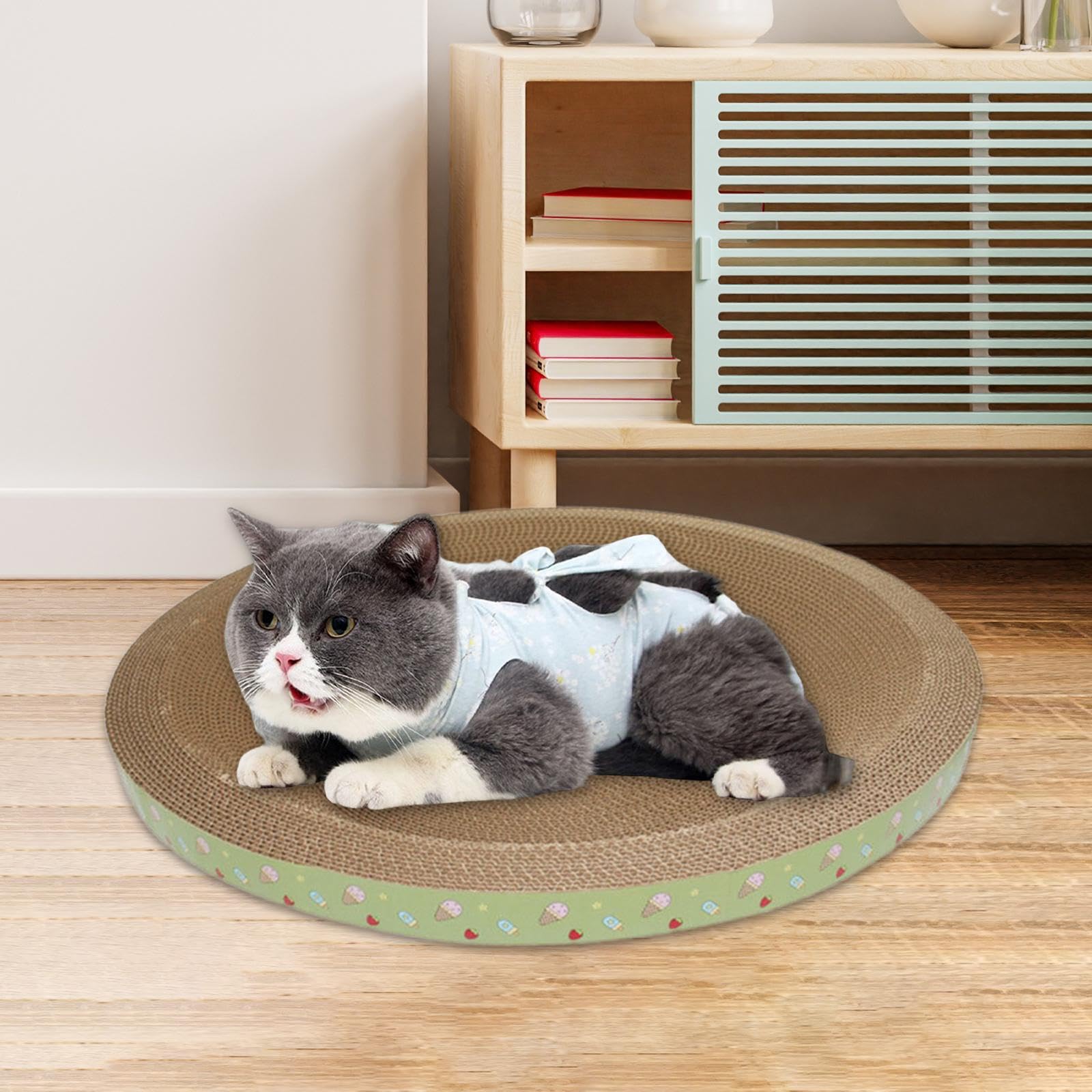 Griffoir pour Chat en Carton ondulé. Tapis à griffer fiable pour Chat, avec Bol intégré, offrant Un Espace de Couchage et protégeant Votre, Jaune Vert, 48 x 8.5 cm