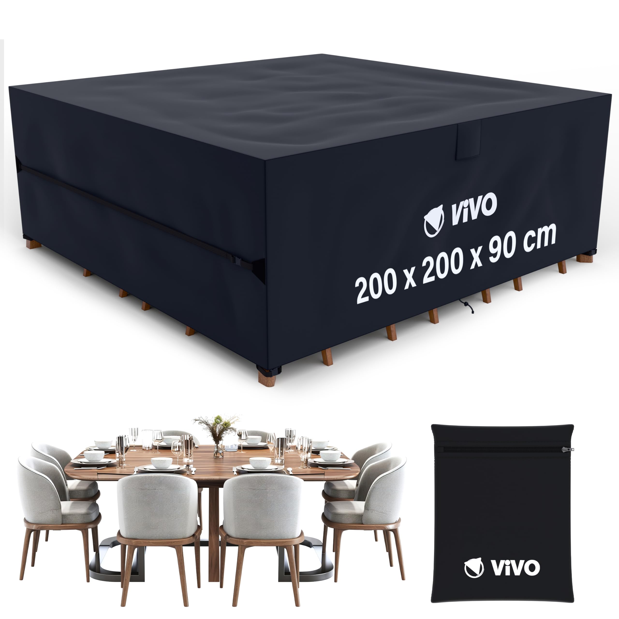 Vivo Technologies Black Garden Furniture Covers 200X200x90cm Rattan Sofa Table Chair Set Cover Tear Resistant Oxford Fabric 420D Heavy Duty Oxford Fabric Anti-Uv Outdoor Patio Table Cover With Air Vent For Chair And Table