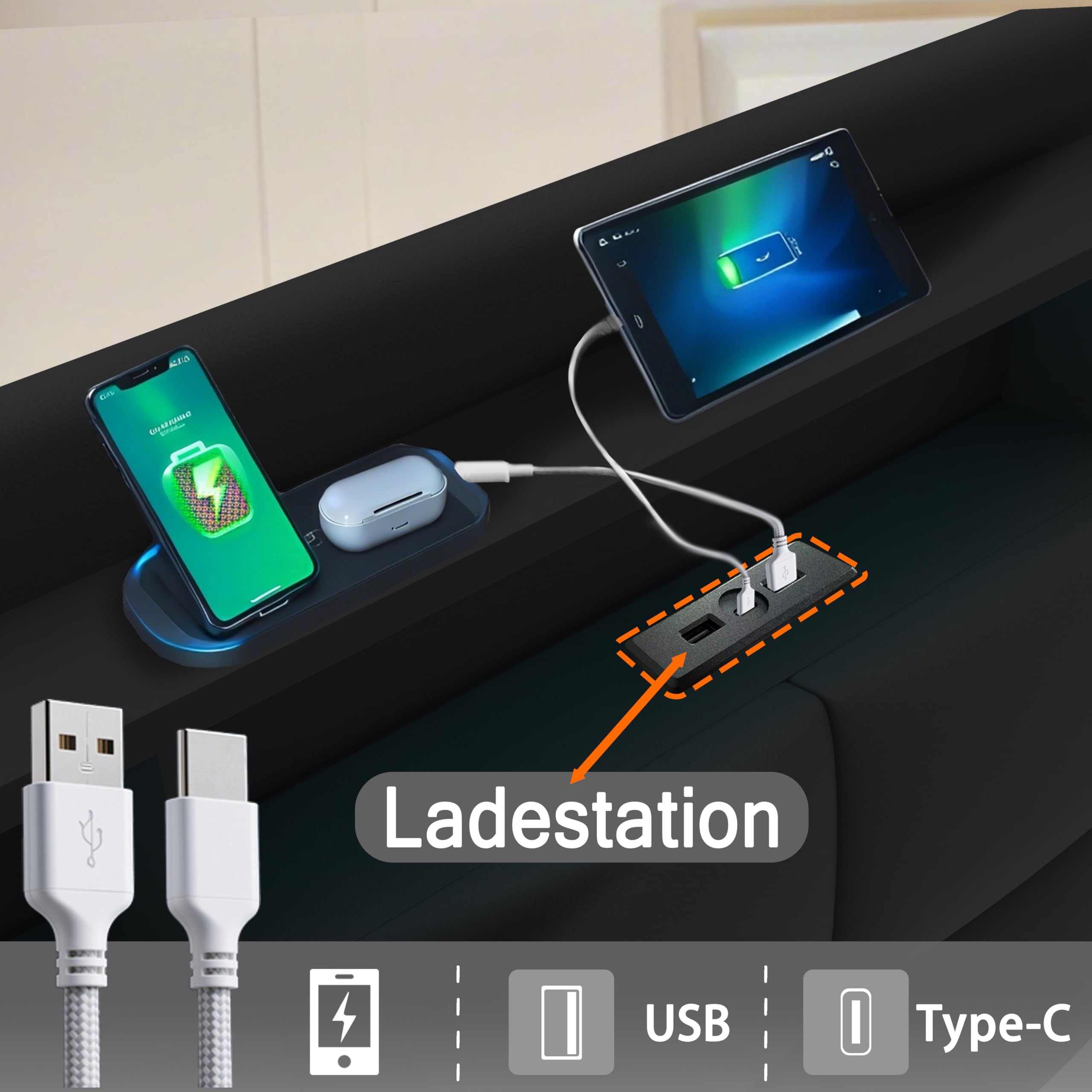 Cama de Almacenamiento Todo en Uno 140x200 cm con Luces LED, Estación de Carga USB/Type-C, Estantería para Cabecera y Gran Almacenamiento bajo la Cama, Cuero, Negro