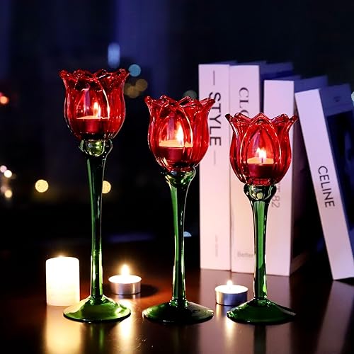 Miniatura 2 de VOHO Portavelas de tulipanes rojos, regalos para aniversario, portavelas rojo para Navidad, vacaciones, San Valentín, portavelas de té de tulipán,