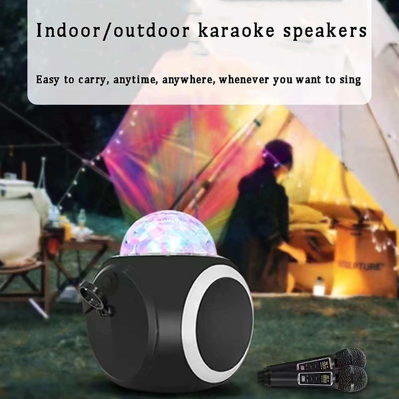 Przenośny głośnik do karaoke Bluetooth, sprzęt do karaoke ze światłami dyskotekowymi i 2 mikrofonami bezprzewodowymi, 3 rodzaje regulacji światła LED (Black)