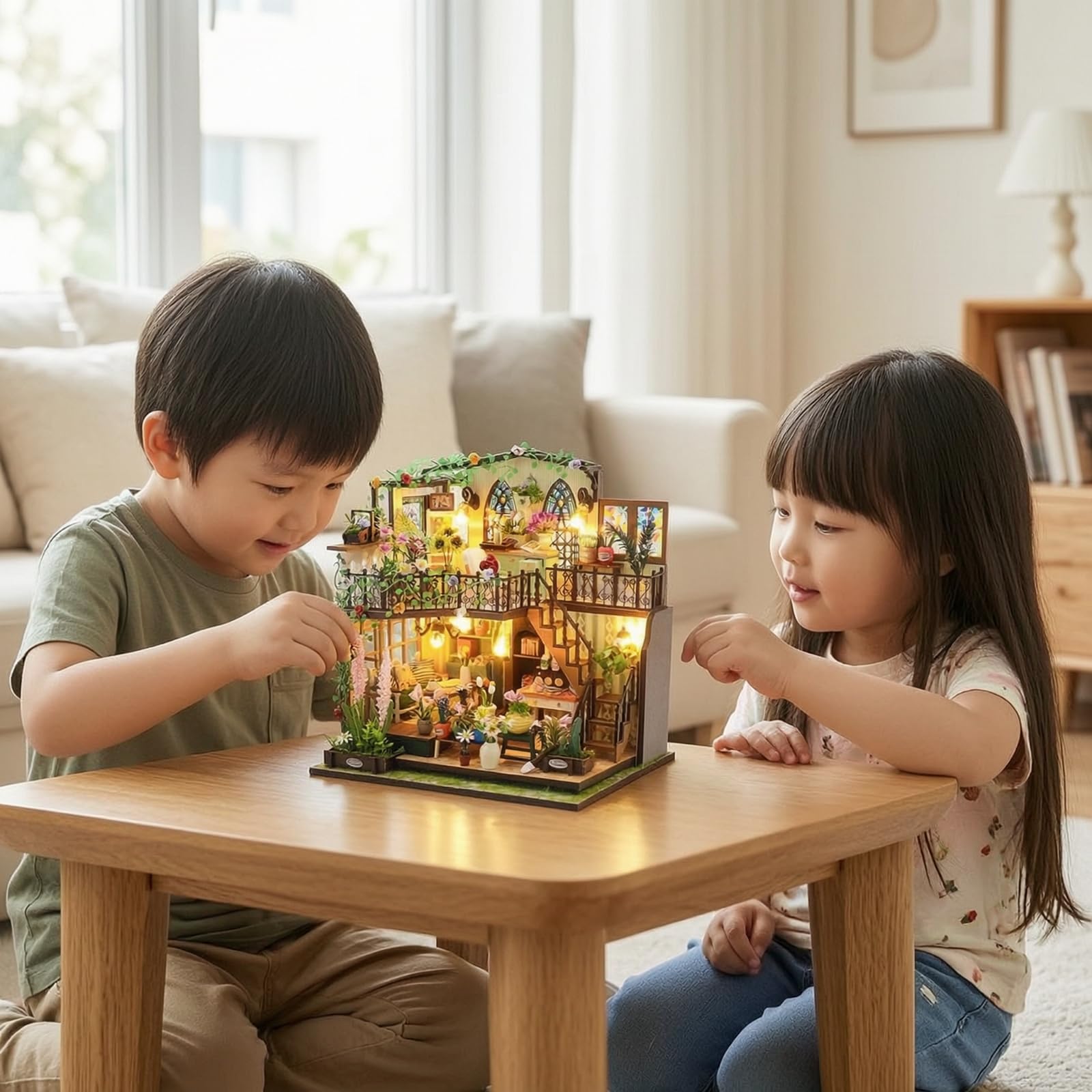Casa in Miniatura Assemblabile Modello Bungalow Giardino Kit Casa Fai da Te Diorama con Interna E Balcone in Legno Carta Tessuto con Illuminazione, Versione Cinese Con Copertura Antipolvere