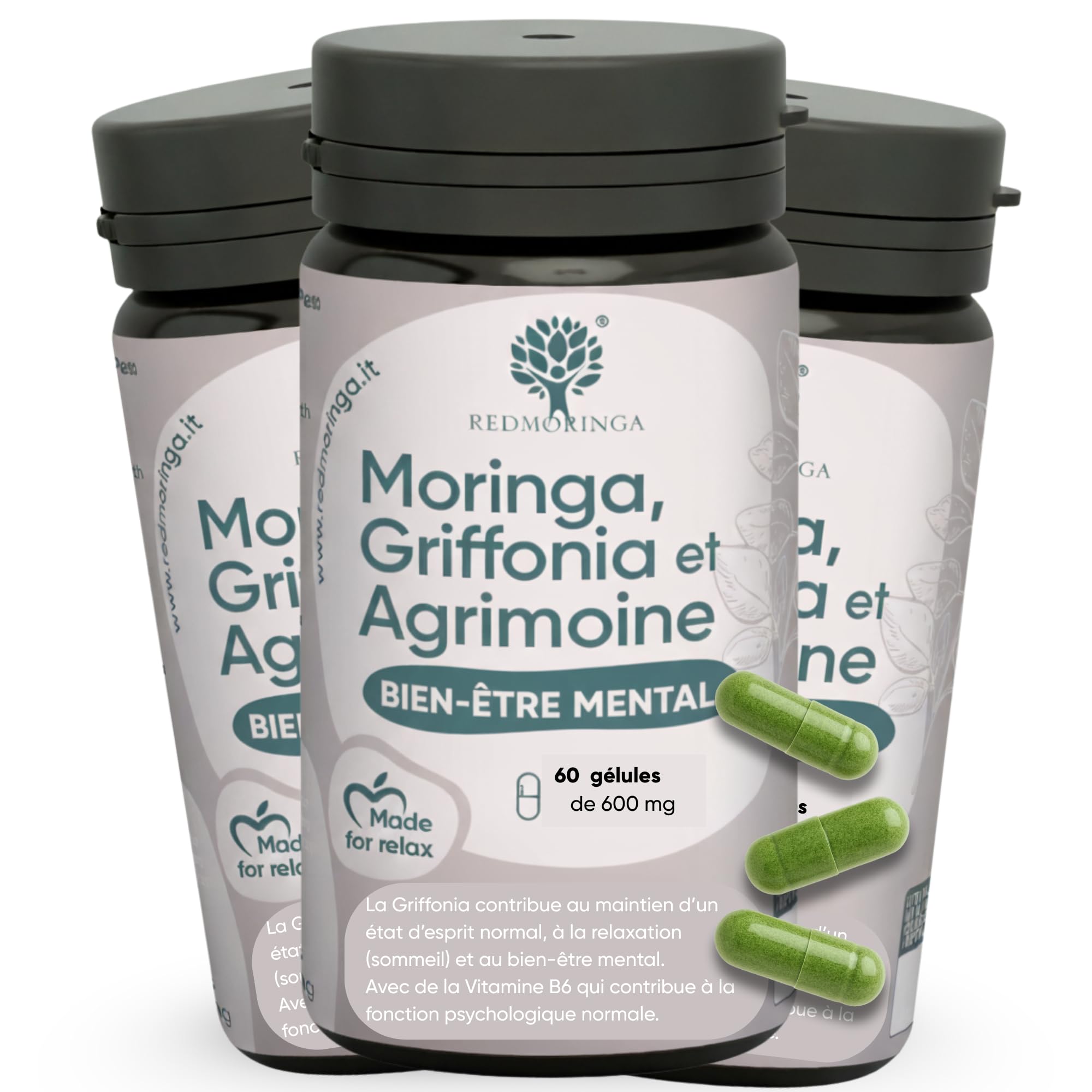 Griffonia 300mg 5-HTP Tryptophane | Avec Agrimony fleur de bach stress anxiété, Vit B6, Moringa BIO | Unique en France | Complément stress anxiété angoisse, BienÊtre Mental | RedMoringa 180 Gélules
