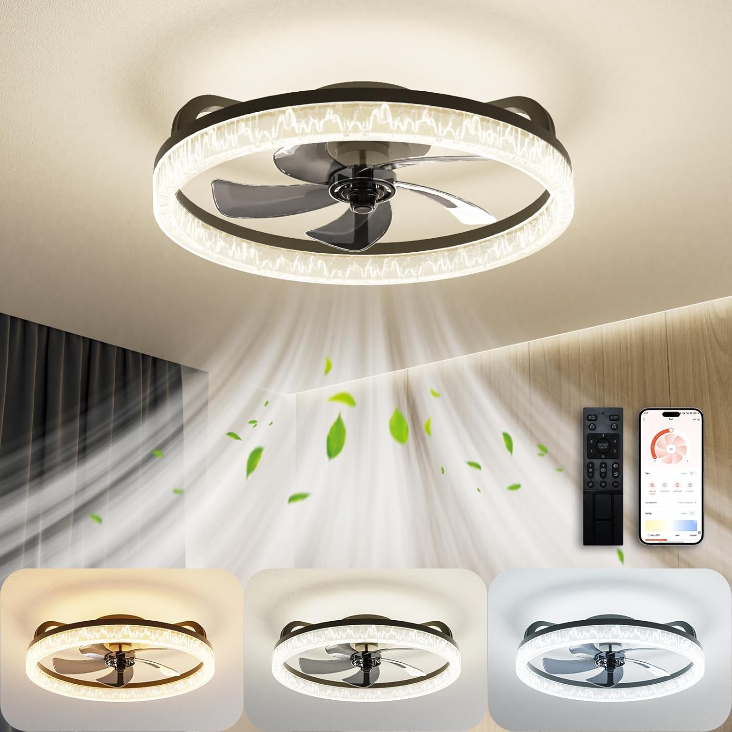 Ceiling Fans with Lights and Remote, Low Profile Ceiling Fan with Light, 19’’ Flush Mount Modern Fandelier, Bladeless Dimmable LED, 6 Speeds for Bedroom, Living Room Black