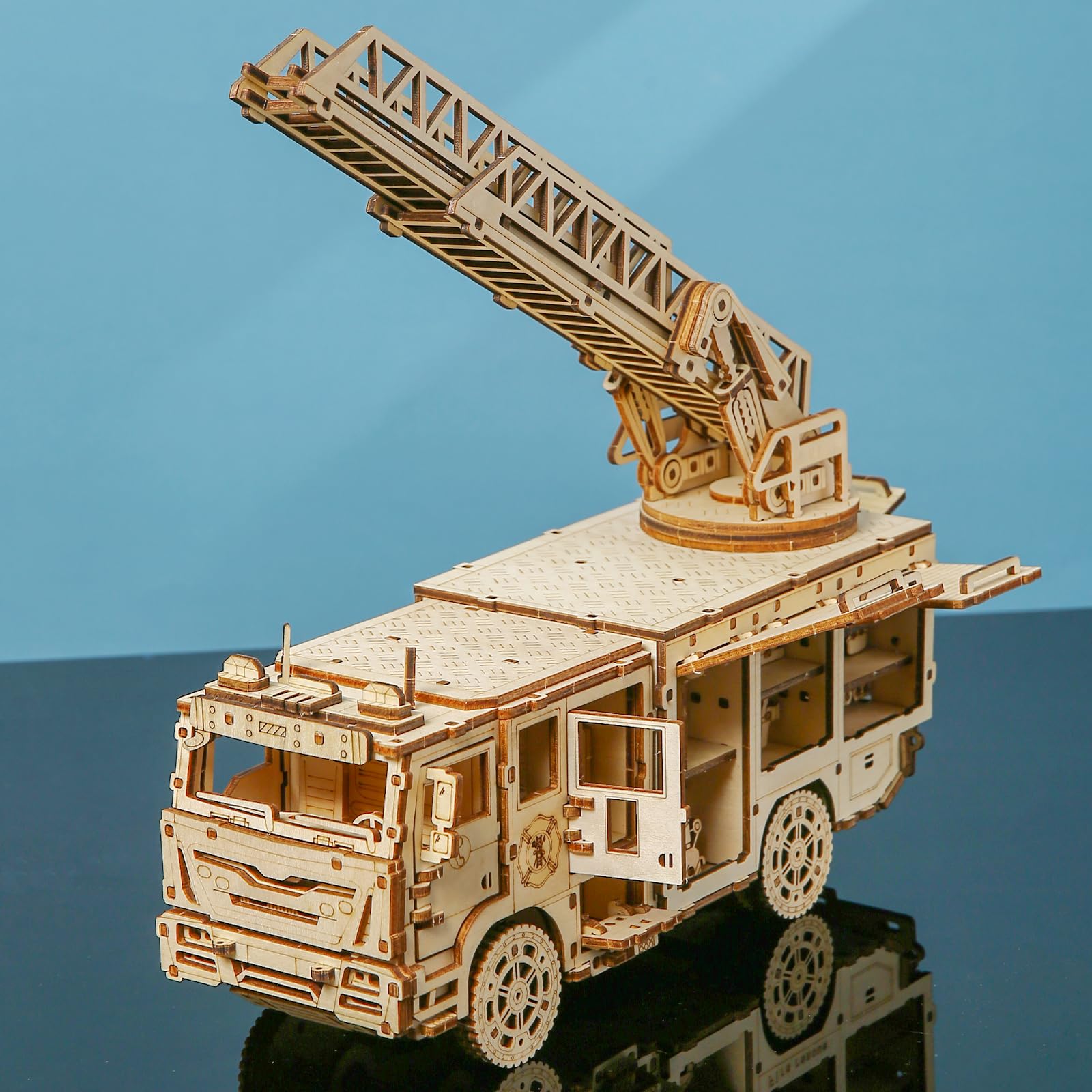 Puzzle 3D en bois pour adultes - Kit de modèle mécanique de camion de pompiers, camion échelle avec perche extensible, kit de loisirs créatifs pour décoration d'intérieur, cadeau pour homme