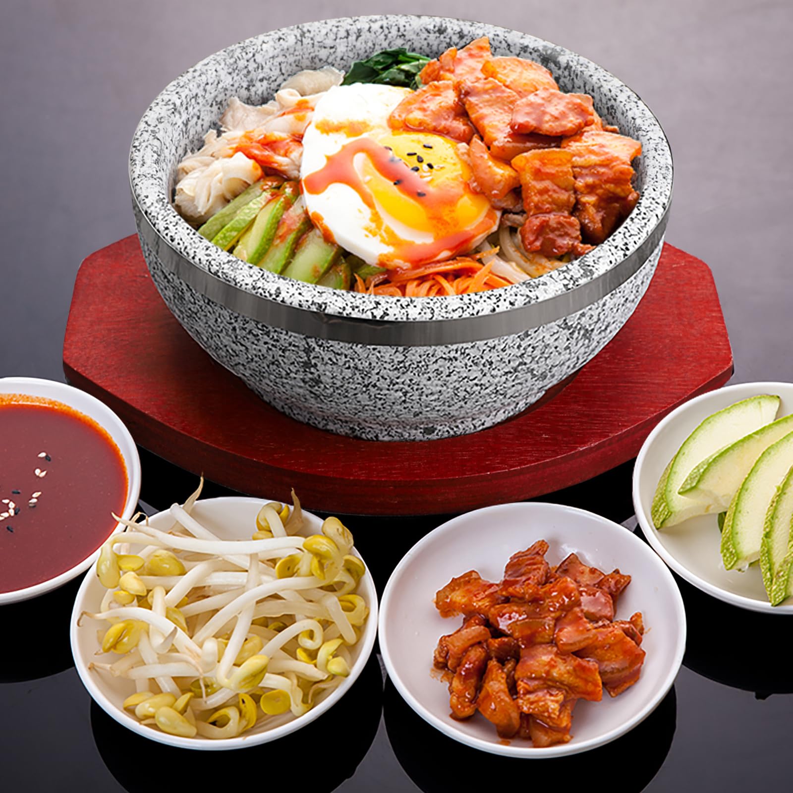 Set di 2 ciotole in pietra coreana con vassoi in legno, in granito Dolsot Bibimbap