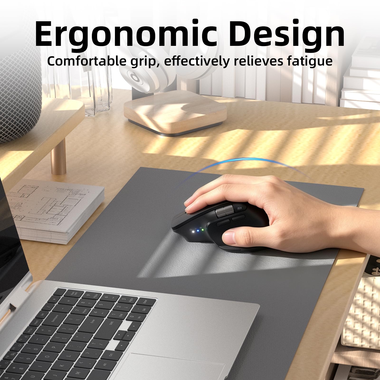 INFINMIND Mouse ergonomico wireless Bluetooth con 6 pulsanti programmabili (Mac/Windows), multi-dispositivo, scorrimento volante e rotella laterale, DPI a 5 livelli, mouse silenziosi ricaricabili per