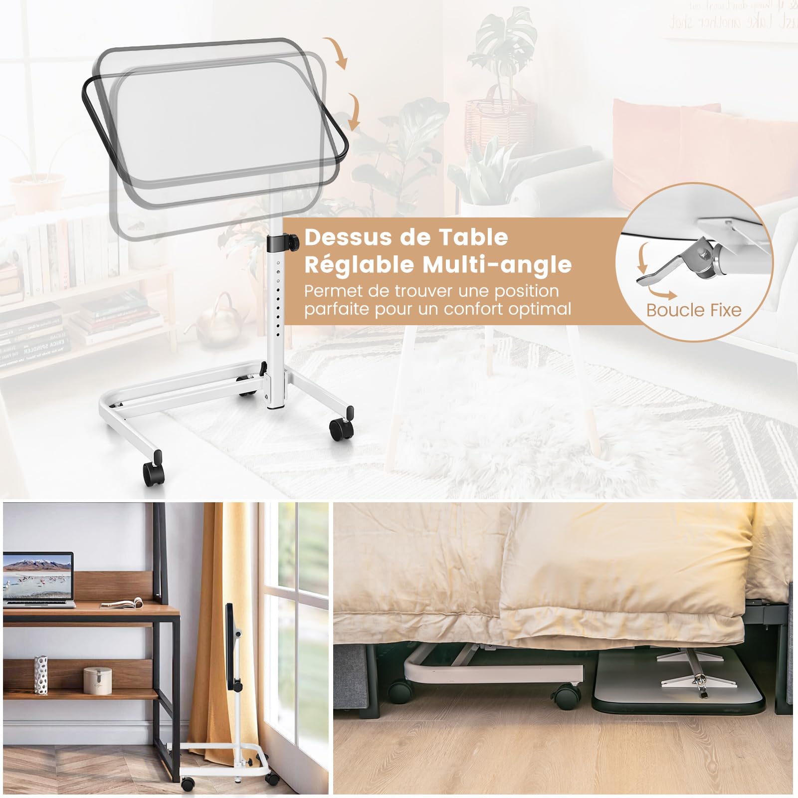 COSTWAY Table de Lit avec roulettes Verrouillables, Réglable en Hauteur, Rangement Pliable, Plateau Inclinable 180°, pour Lit Médicalisé, Charge 20kg