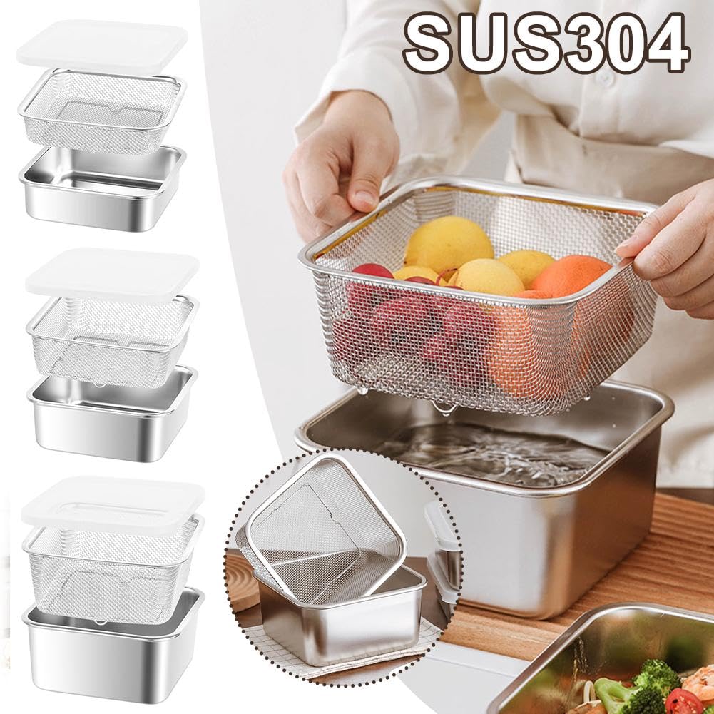 Set scolapasta in acciaio inox, 2 in 1, con coperchio, per scolare verdure, lavare riso, olio e acqua, contenitore per la preparazione degli alimenti