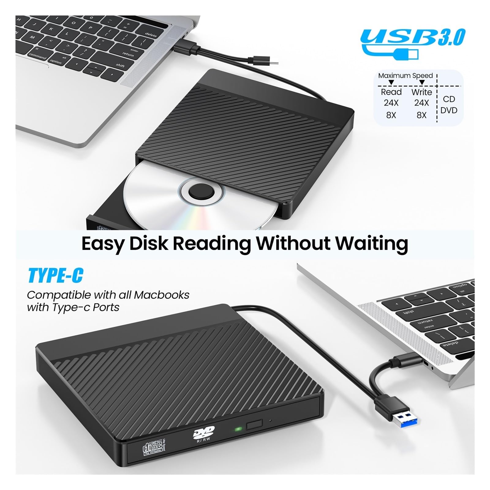 unità Ottica Esterna Sottile USB 3.0 Dvd Combo Lettore Dvd Rom Masterizzatore Dvd-RW Plug And Play Compatto E Facile da Usare