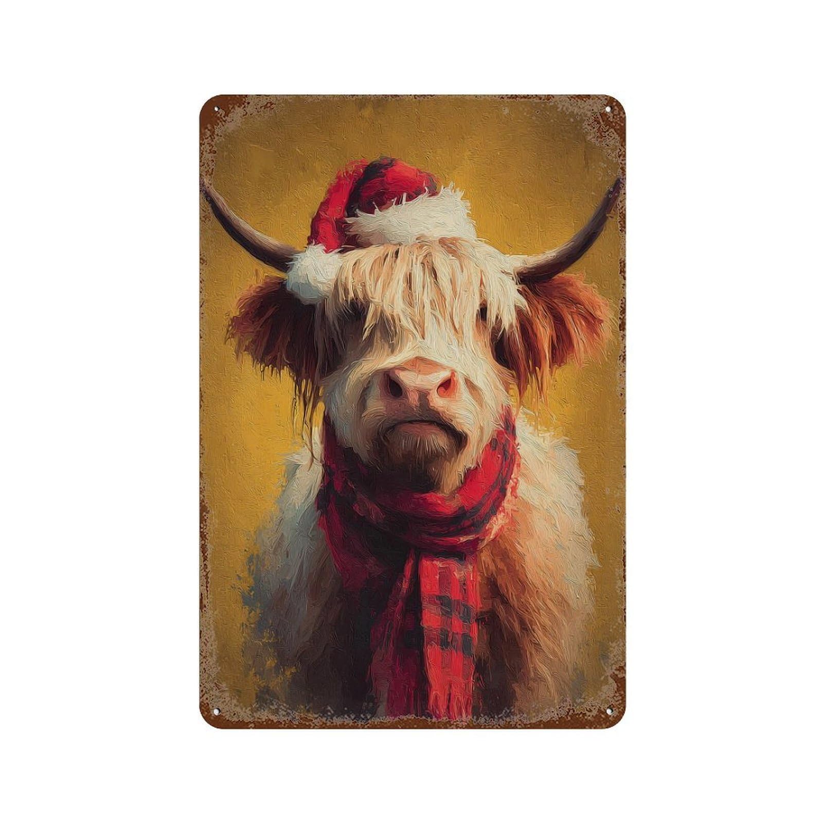 Christmas Highland Cow Art Print Weathered Tin Sign 11.8"x7.9", Novelty Wall Decor for Garage, Pub Or Kitchen